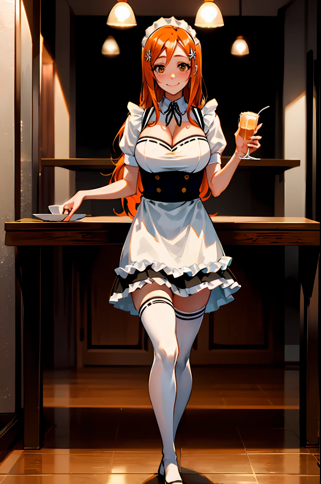 Orihime inoue, bleach, 1girl, solo, maid dress, meidofuku, maid uniform, maid, black thighhighs, breasts, cleavage, pleated skirt, hair between eyes, long hair, hair ornament, looking at viewer, messy hair,  orange hair, solo, thighhighs, thighs, long hair, ((masterpiece)), standing, sexy pose, blush, shy, smile, closes mouth, cafe, table, food, drink, chair, indoor, serving cafe, taking cafe order,