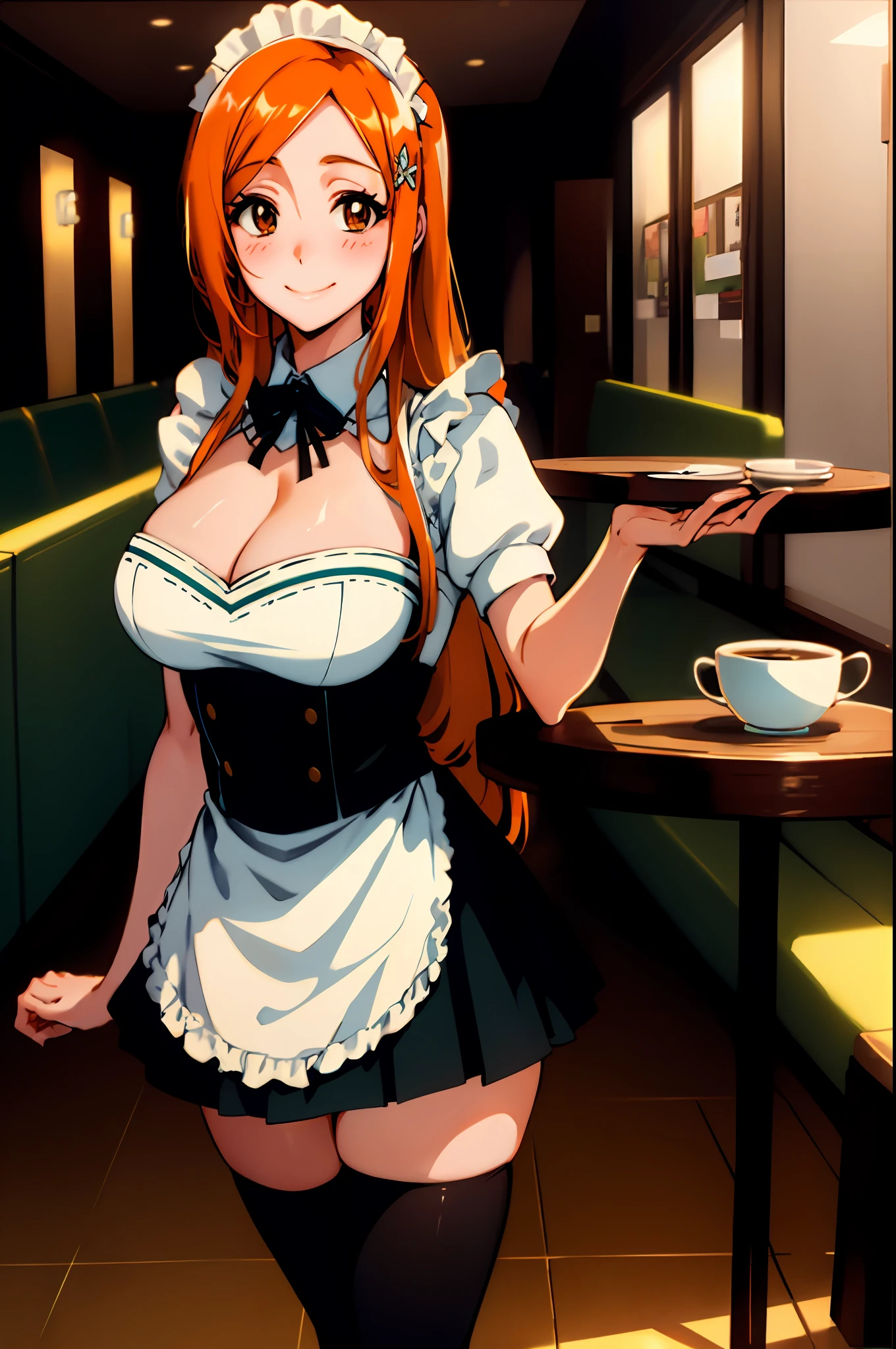 Orihime inoue, bleach, 1girl, solo, maid dress, meidofuku, maid uniform, maid, black thighhighs, breasts, cleavage, pleated skirt, hair between eyes, long hair, hair ornament, looking at viewer, messy hair,  orange hair, solo, thighhighs, thighs, long hair, ((masterpiece)), standing, sexy pose, blush, shy, smile, closes mouth, cafe, table, food, drink, chair, indoor, serving cafe, taking cafe order,