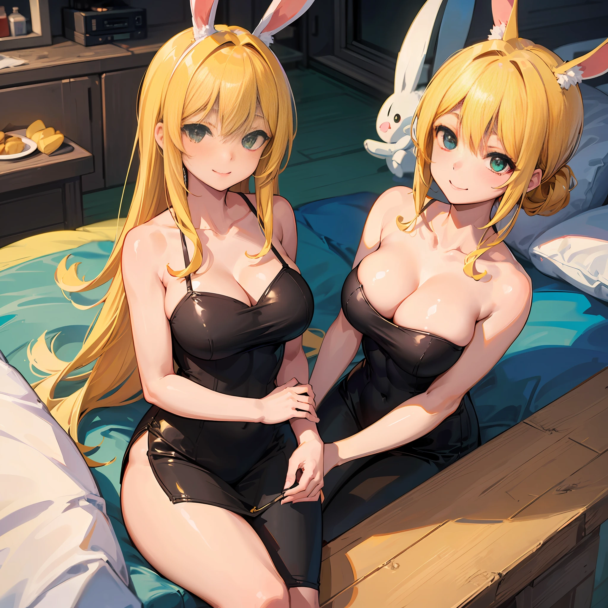 ((Best Quality, 8K, Masterpiece: 1.3)), 1girl, Slim Abs Beauty: 1.3, (Casual hairstyle, No big breasts: 1.2), Dress: 1.1, Super fine face, yellow hair, bunny girl, black silk, delicate green eyes, double eyelids, smile, homely