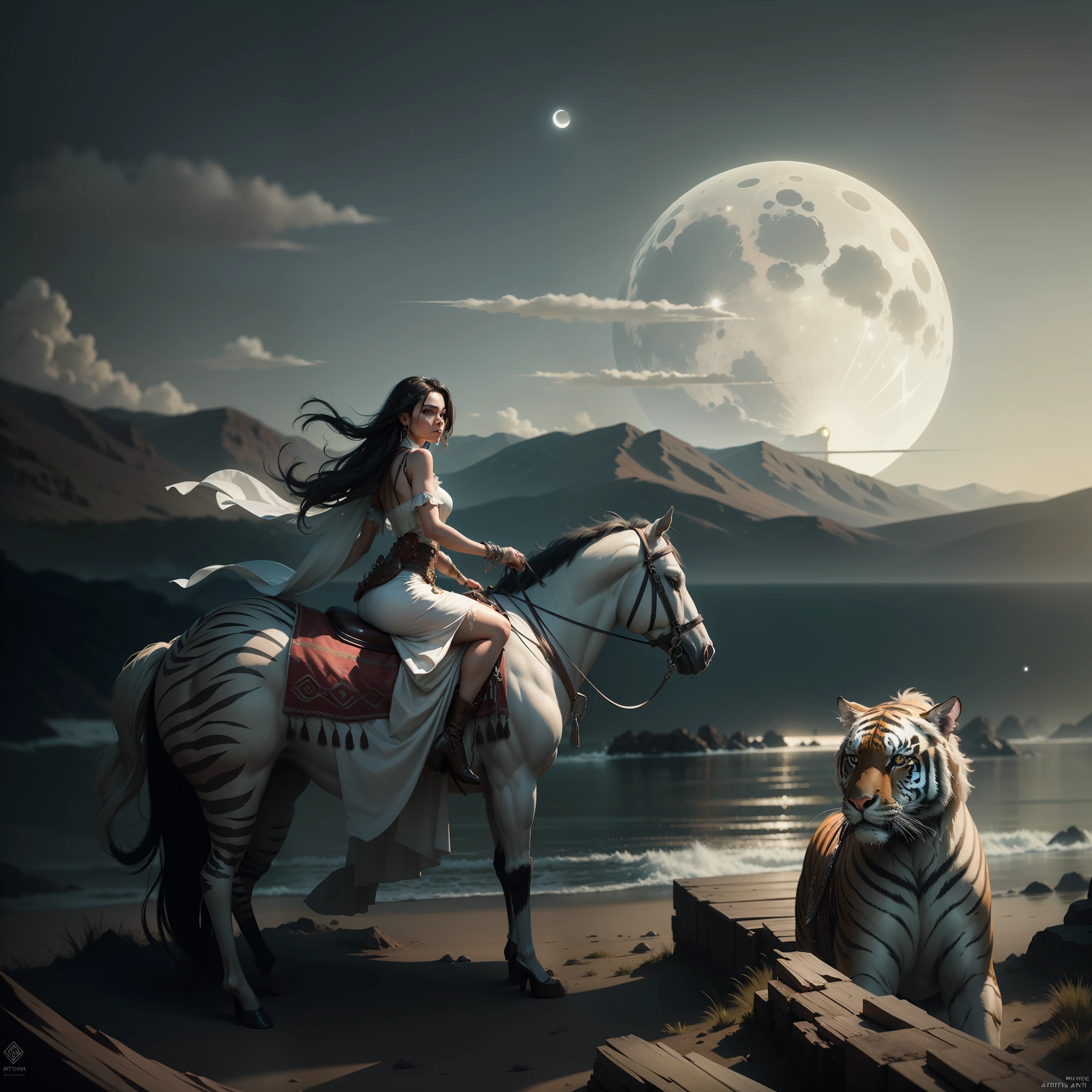 a woman with a wedding dress rides on a horse next to the sea with the moon a tiger next to it ea beautiful Native American woman, perfect symmetrical face, indigenous feather jewelry, traditional handmade dress, armed hunter warrior, (((Wild West))) environment, Utah landscape, ultra realistic, concept art, elegant, ((complex)), ((very detailed)), depth of field, ((professionally colored)), soft ambient lighting, twilight, 8k, art by Artgerm and Greg Rutkowski and Alphonse Mucha S --auto