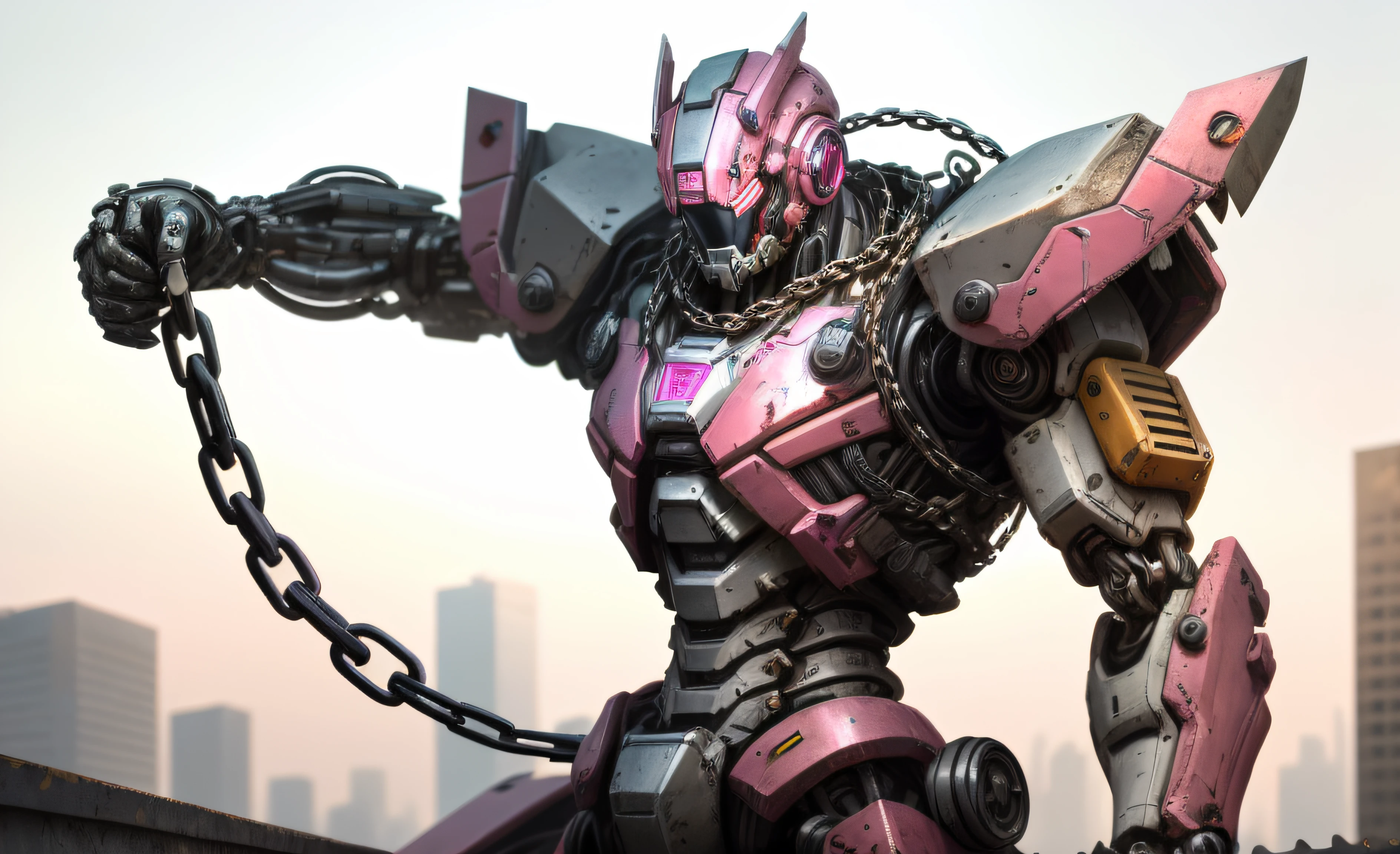 Dark_Fantasy, Cyberpunk, (chain saw, chain saw man, pink:1.1), Mechanical marvel, Cybernetic guardian, Mecha suit, intricately, (Steel metal [rust]), elegence, Crisp focus, Photo by Greg Rutkowski, soft lights, vivid colorst, //masterpiece, ((Street)), Cowboy Shooting, dynamicpose, ray tracing, UHD, retina, masterpiece, ccurate, anatomically correct, textured skin, super detail, high details, high quality, best quality