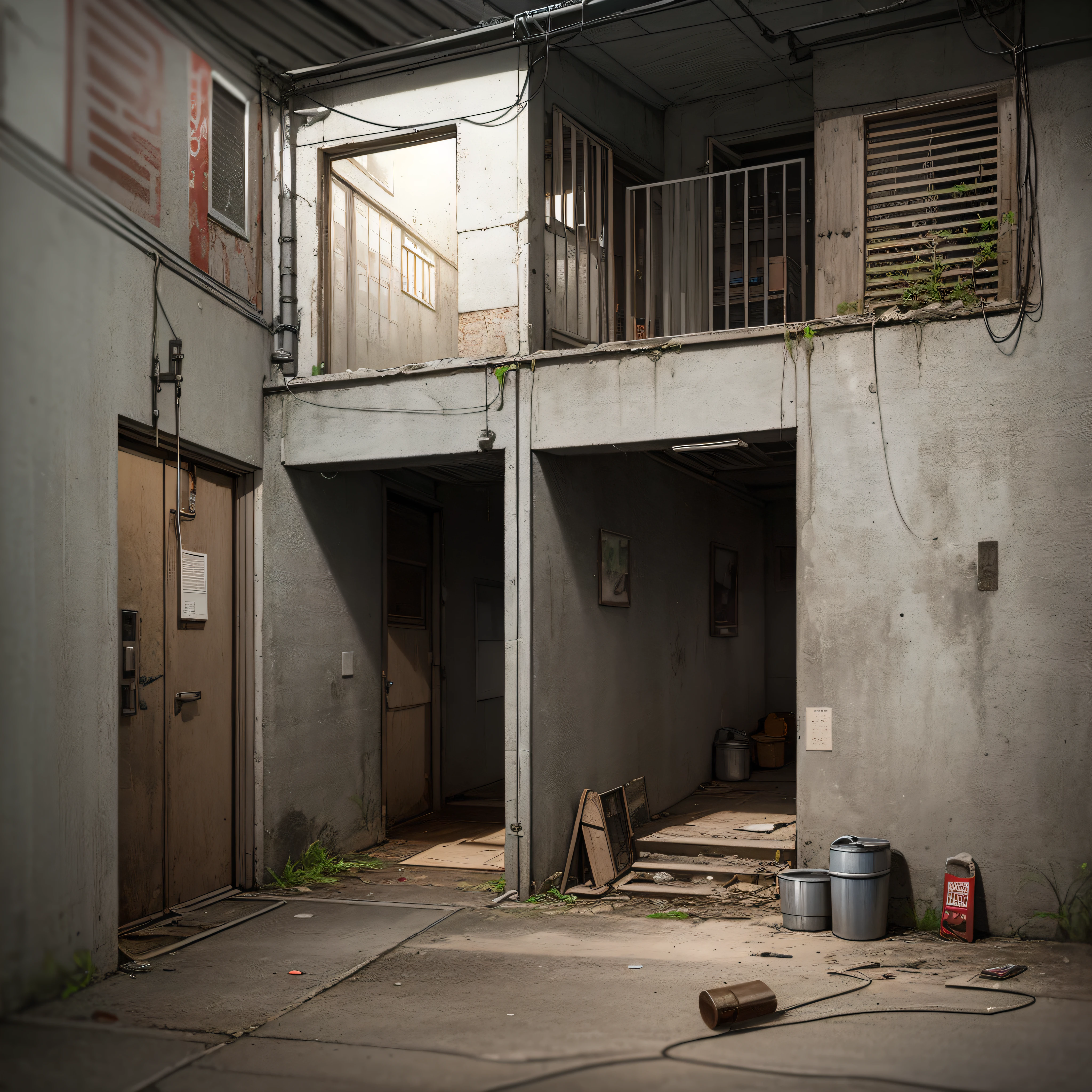 Abandoned house, Dojunkai apartment surreal and very detailed illustrations, external perspective, images with objects very loaded, perspective from below, dirty cement stairs with cracks, green trash cans, metal signs, cables, poles, rusty pipes, wall pipes, electricity meters, gray and dark walls, empty boxes, old paper on the floor, damaged wall paint, metal and rusty scrap, mechanical parts (rusty, brown), very detailed advertising on neon walls, spotlight lights, artificial and sterile environment, fog and rather thick smoke, very dark landscape shadows, red and green neon lights, damp, puddles reflecting dim ambient light, wooden, exterior, building, city, evening, golden time, toys, cute