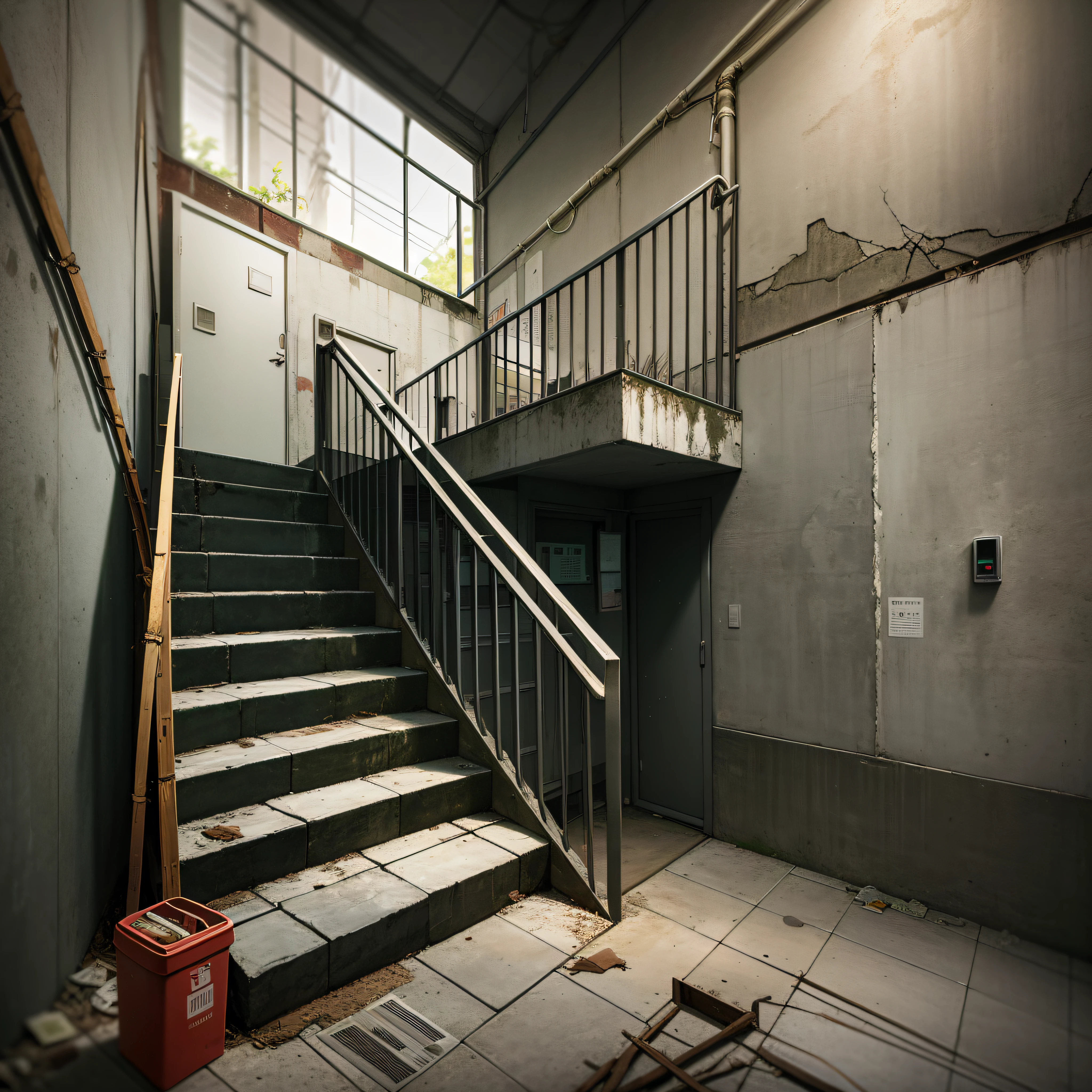 Abandoned house, Dojunkai apartment surreal and very detailed illustrations, external perspective, images with objects very loaded, perspective from below, dirty cement stairs with cracks, green trash cans, metal signs, cables, poles, rusty pipes, wall pipes, electricity meters, gray and dark walls, empty boxes, old paper on the floor, damaged wall paint, metal and rusty scrap, mechanical parts (rusty, brown), very detailed advertising on neon walls, spotlight lights, artificial and sterile environment, fog and rather thick smoke, very dark landscape shadows, red and green neon lights, damp, puddles reflecting dim ambient light, wooden, exterior, building, city, evening, golden time, toys, cute