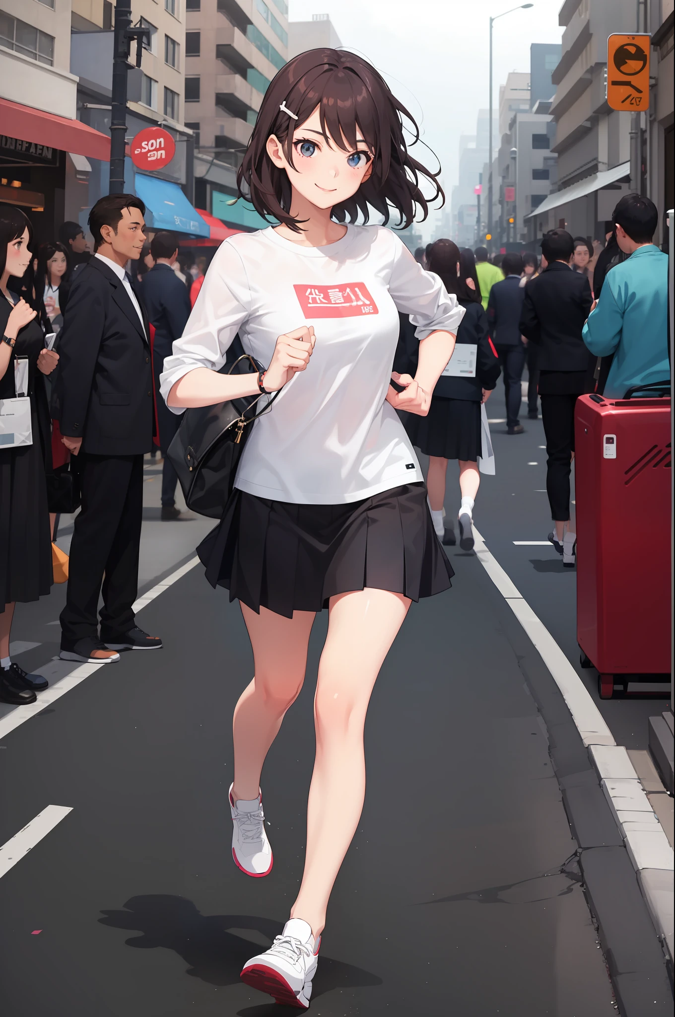 1 girl, smiling, shirt, skirt, (small breasts) flickering, running briskly,