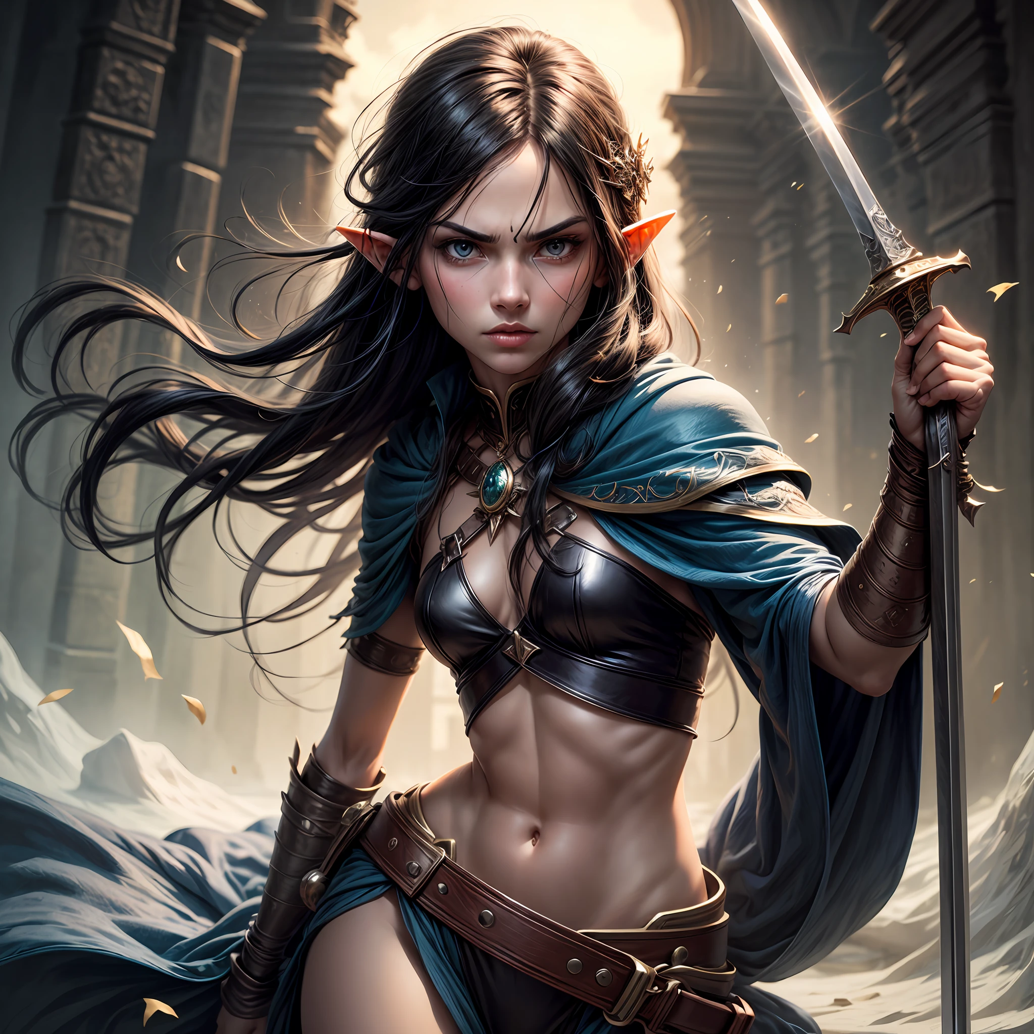 Elf, black hair, silmarillion, holding sword, aggressive look --auto