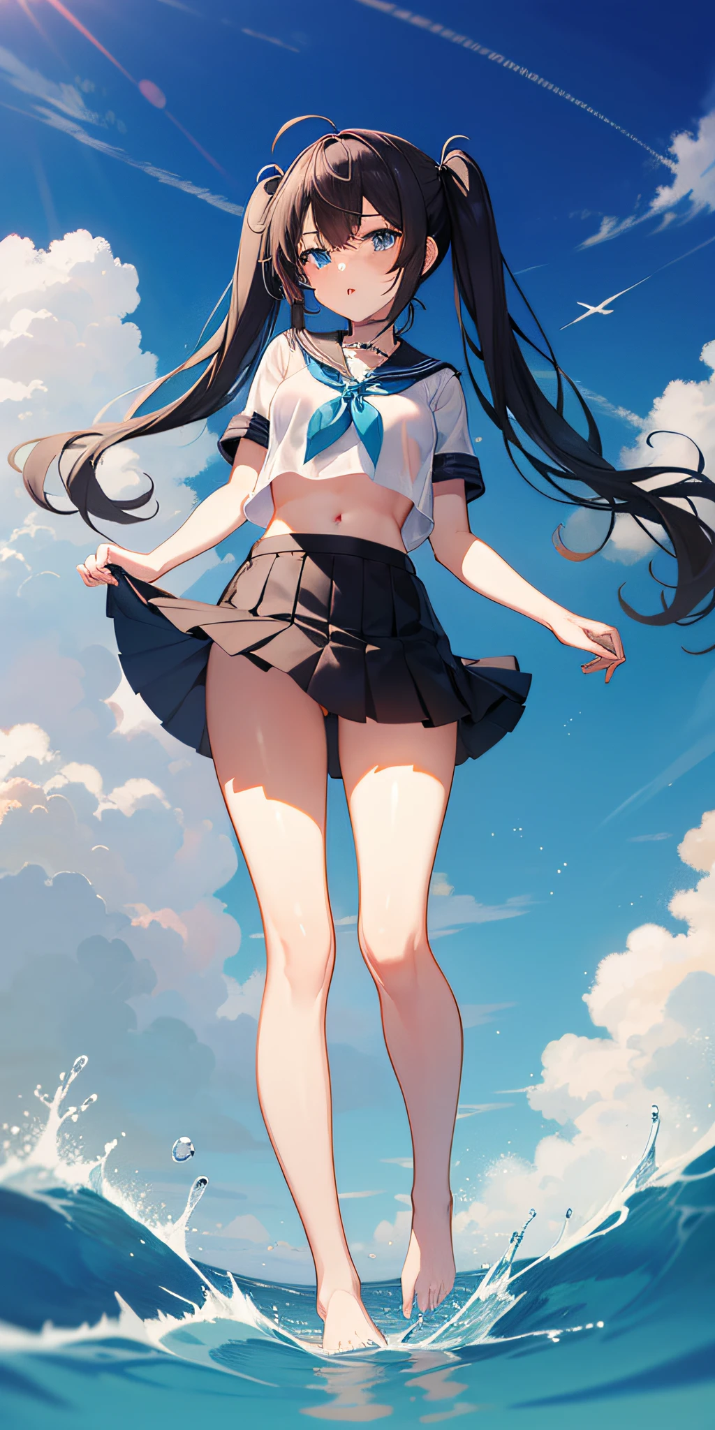 1girl,ite,lolsolo,longhair,skirt,sailorcollar,blackhair,navel,lookingatviewer,blackskirt7,miniskirt,barefoot,see-through,neckerchief,croptopoverhang,croptop,pleatedskirt,water,schooluniform,midriff,shirt,serafuku,twintails,verylonghair,fullbody,miniskirt,bareshoulders,whiteshirt,blueeyes,barelegs,thighs,breasts,blacksailorcollar,bangs,stomach,blueneckerchief,partedlips,floatinghair,standing,