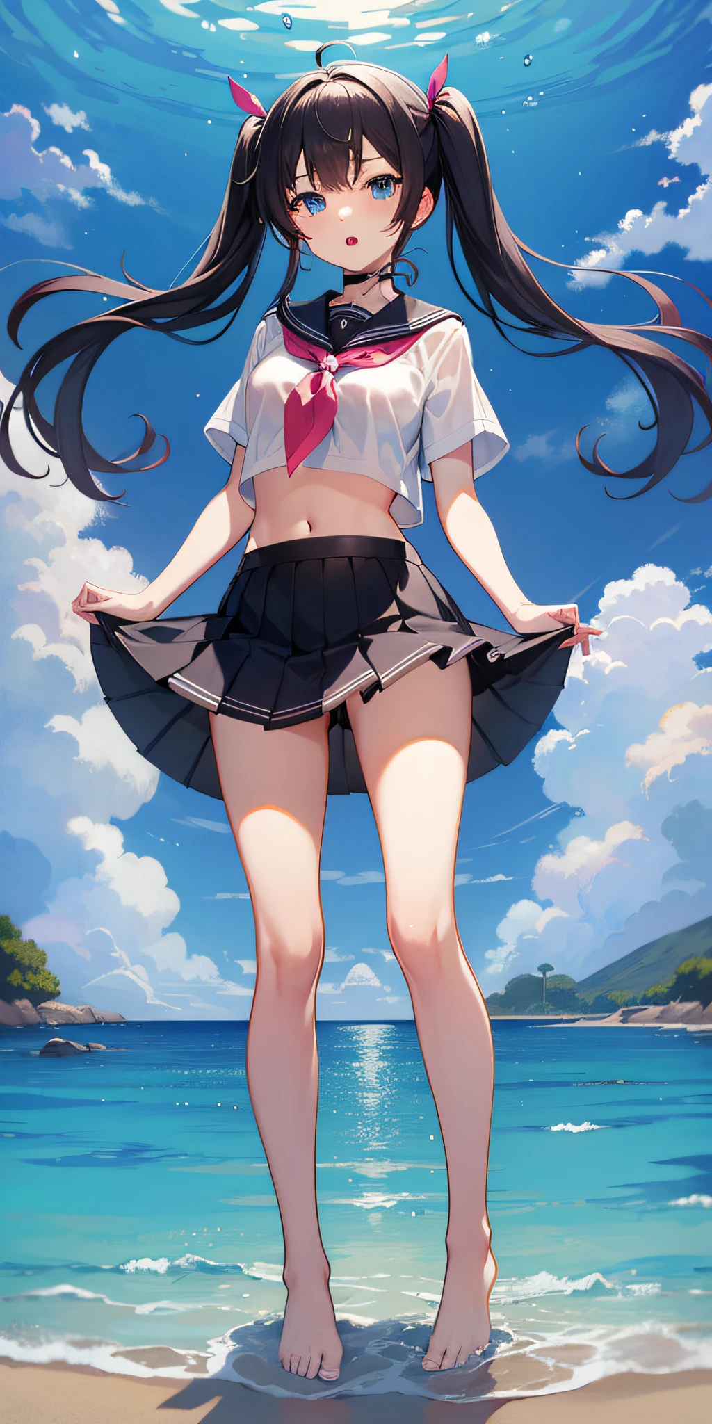 1girl,petite,****,solo,longhair,skirt,sailorcollar,blackhair,navel,lookingatviewer,blackskirt7,miniskirt,barefoot,see-through,neckerchief,croptopoverhang,croptop,pleatedskirt,water,schooluniform,midriff,shirt,serafuku,twintails,verylonghair,fullbody,miniskirt,bareshoulders,whiteshirt,blueeyes,barelegs,thighs,breasts,blacksailorcollar,bangs,stomach,blueneckerchief,partedlips,floatinghair,standing,