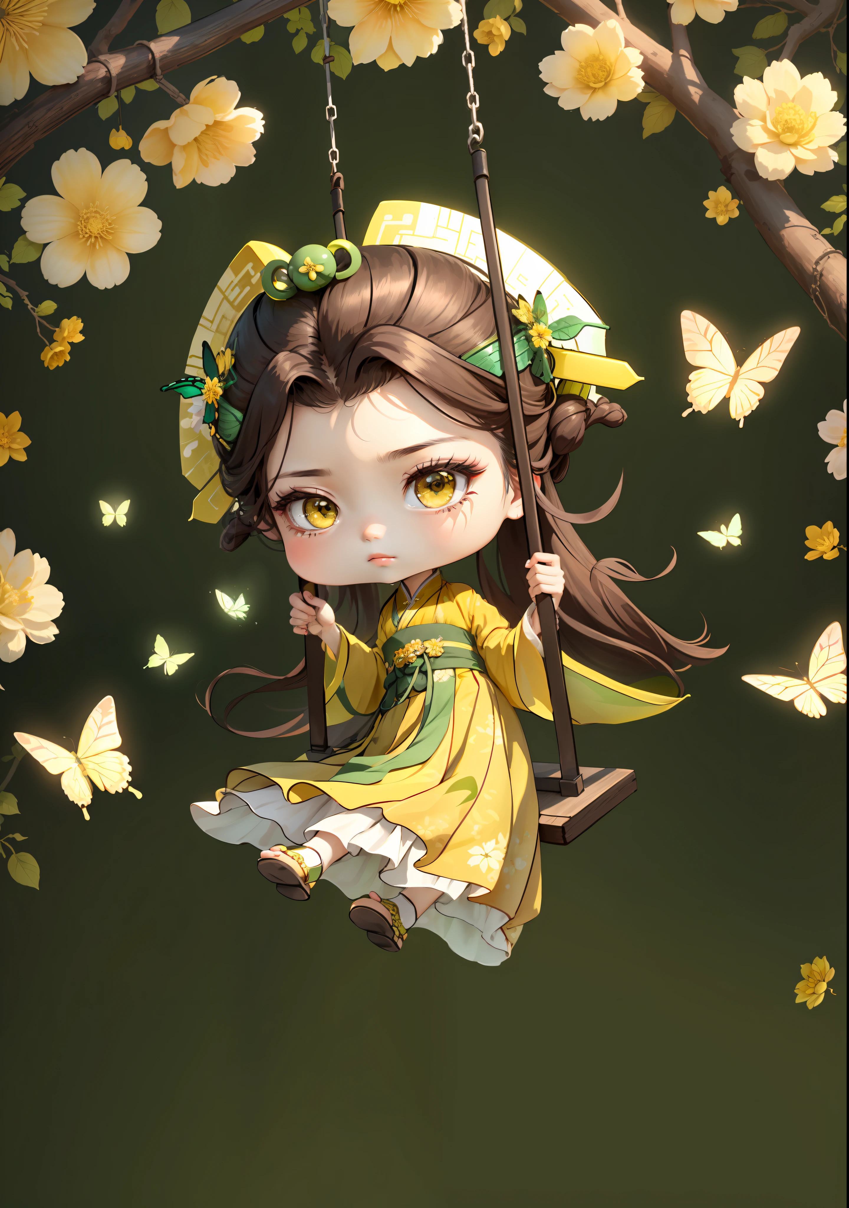 Chinese girl in Hanfu, swing, butterfly, spring, coping with heat, dark brown hair, ancient Chinese bun, pattern, yellow-green color scheme, floral hair ornaments on both sides of hair, some metallic flower headdress, light color, clear color block, bright color, art, infinite details, beautifully painted, beautifully depicted, blank background 8k