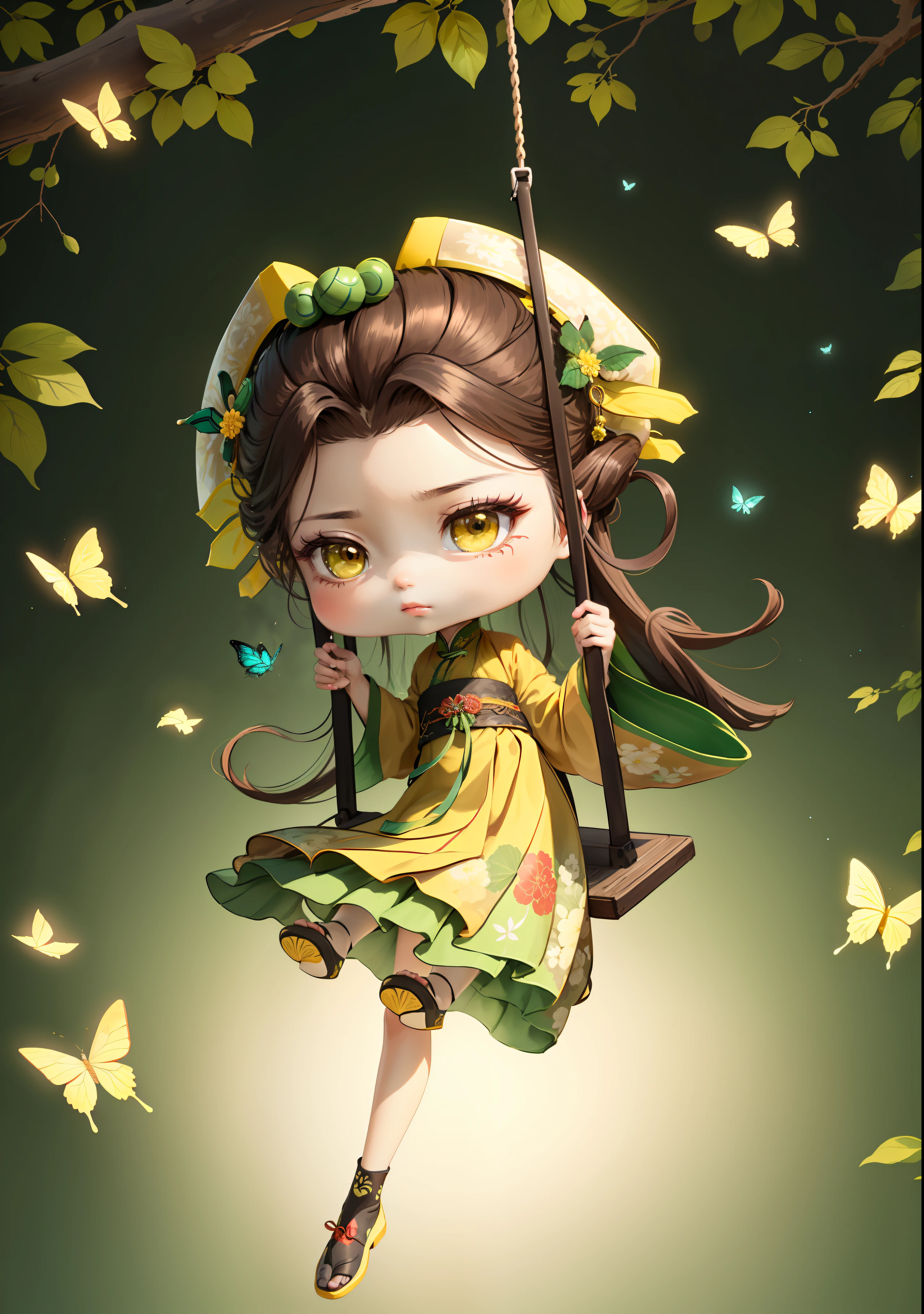 Chinese girl in Hanfu, swing, butterfly, spring, coping with heat, dark brown hair, ancient Chinese bun, pattern, yellow-green color scheme, floral hair ornaments on both sides of hair, some metallic flower headdress, light color, clear color block, bright color, art, infinite details, beautifully painted, beautifully depicted, blank background 8k