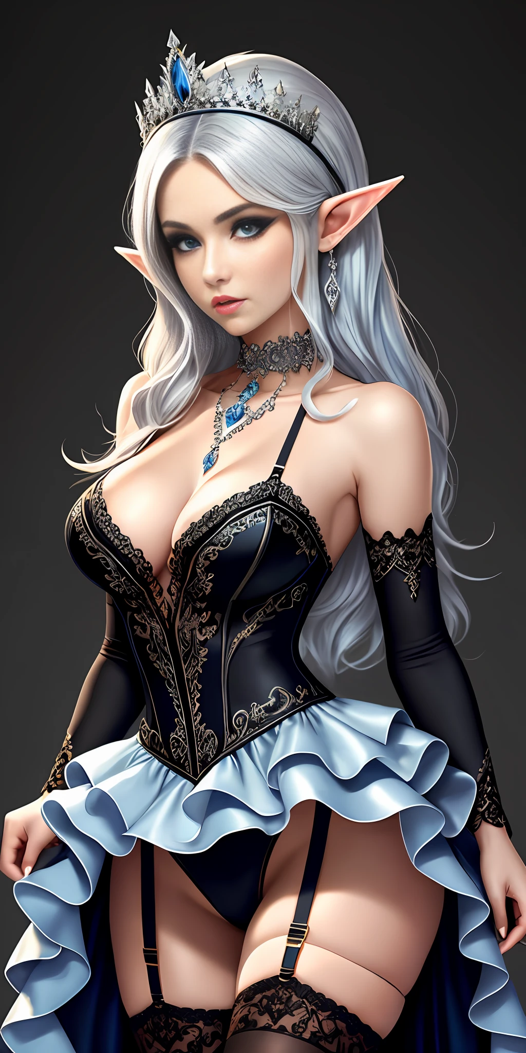 [black:blue:0.65] theme, masterpiece, masterpiece of a mature woman, detailed visual art, blue eyes, silver hair, elf ears, long hair, collarbone, royal queen, elegant, gorgeous quinceanera dress, detailed layered skirt, [detailed frills: 0.1], [frilled dress: 0.1], embroidery, [detail princess dress: 0.1], bare shoulders, big breasts: 1.3, open crotch, thigh slit, garter belt, groin, [NSFW|uncensored], (simple background: 1.1), low-winged, full-body