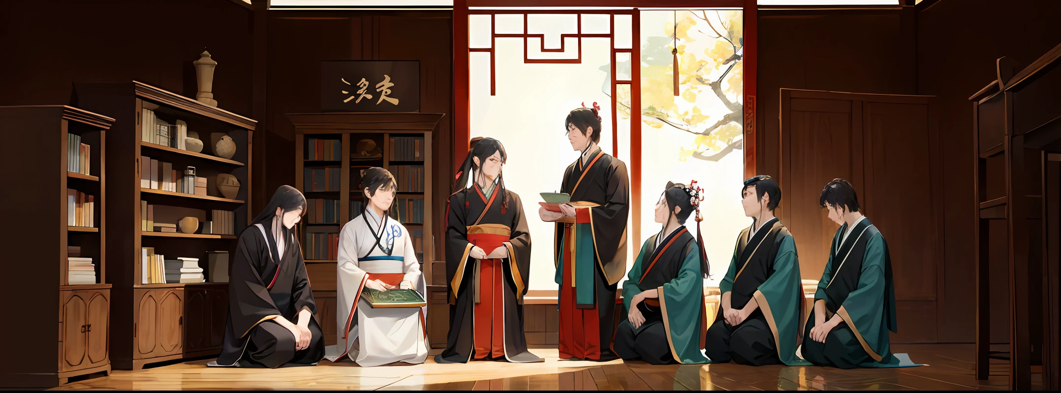 Ancient Chinese Academy, a group of men in Hanfu kneeling around to discuss things, bookshelves (background is ancient Chinese style)