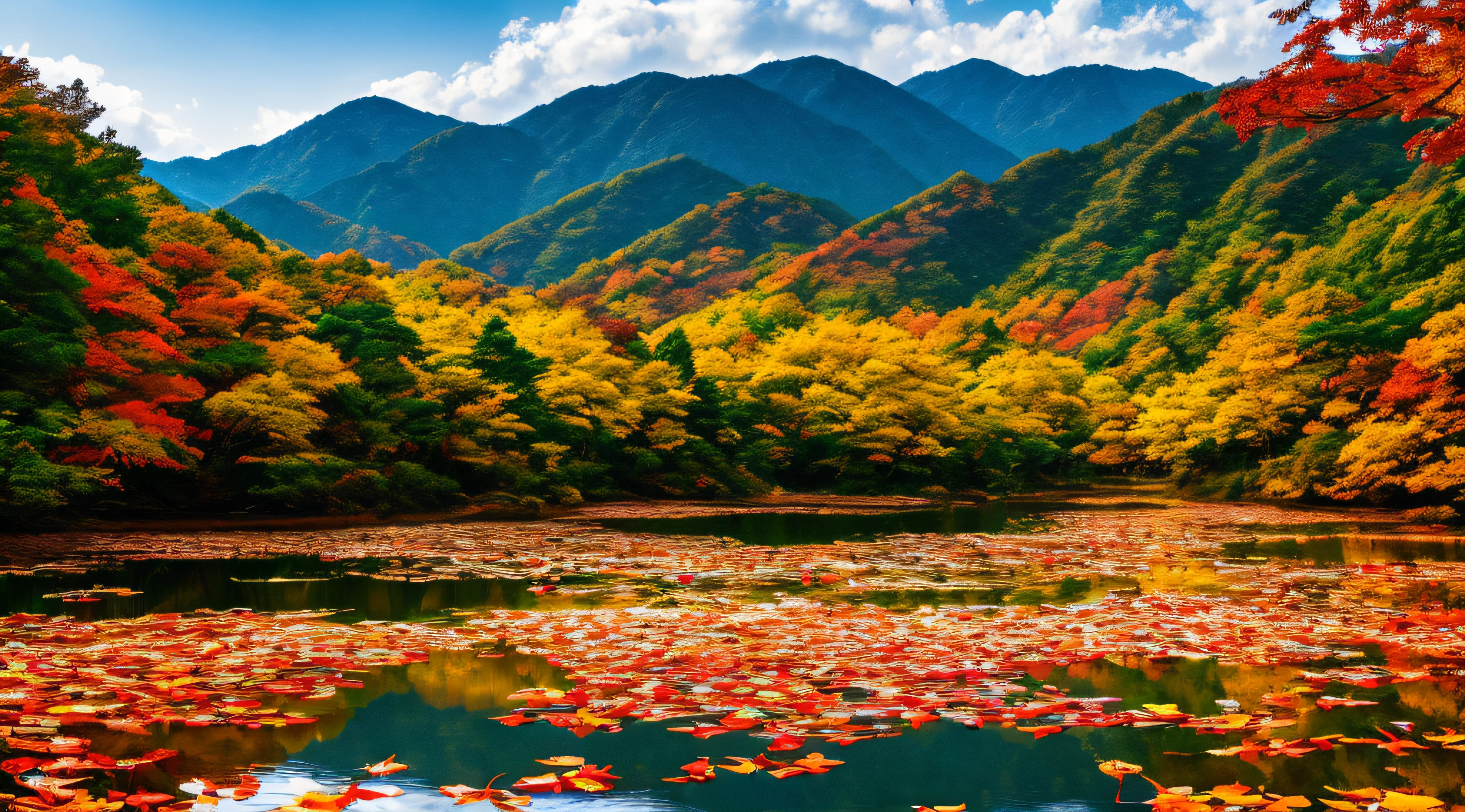 Beautiful mountains and lakes of Korea with autumn leaves, (masterpiece), (portrait), (raw photo), (highly detailed CG Unity 8k wallpaper) Intricate and clear focus, dramatic and realistic art