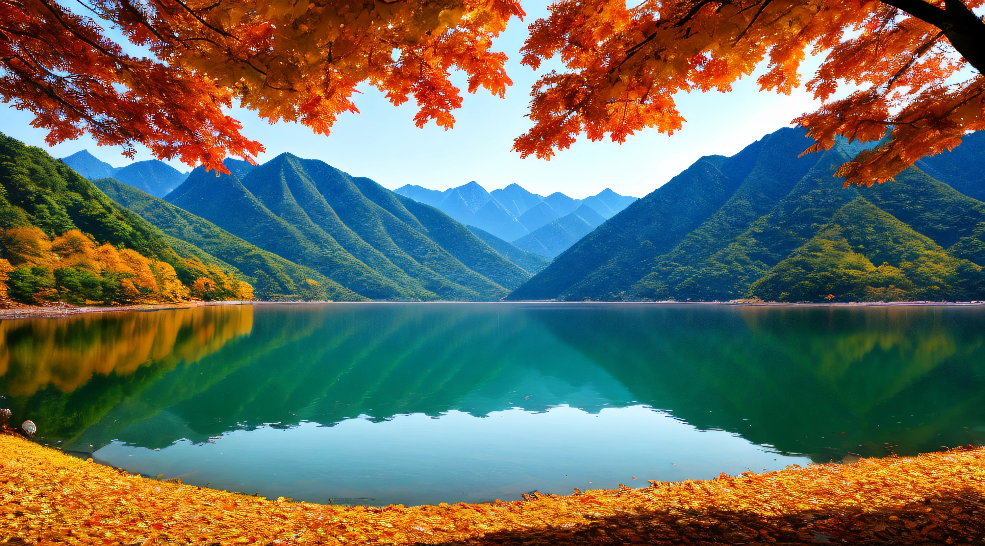 Beautiful mountains and lakes of Korea with autumn leaves, (masterpiece), (portrait), (raw photo), (highly detailed CG Unity 8k wallpaper) Intricate and clear focus, dramatic and realistic art