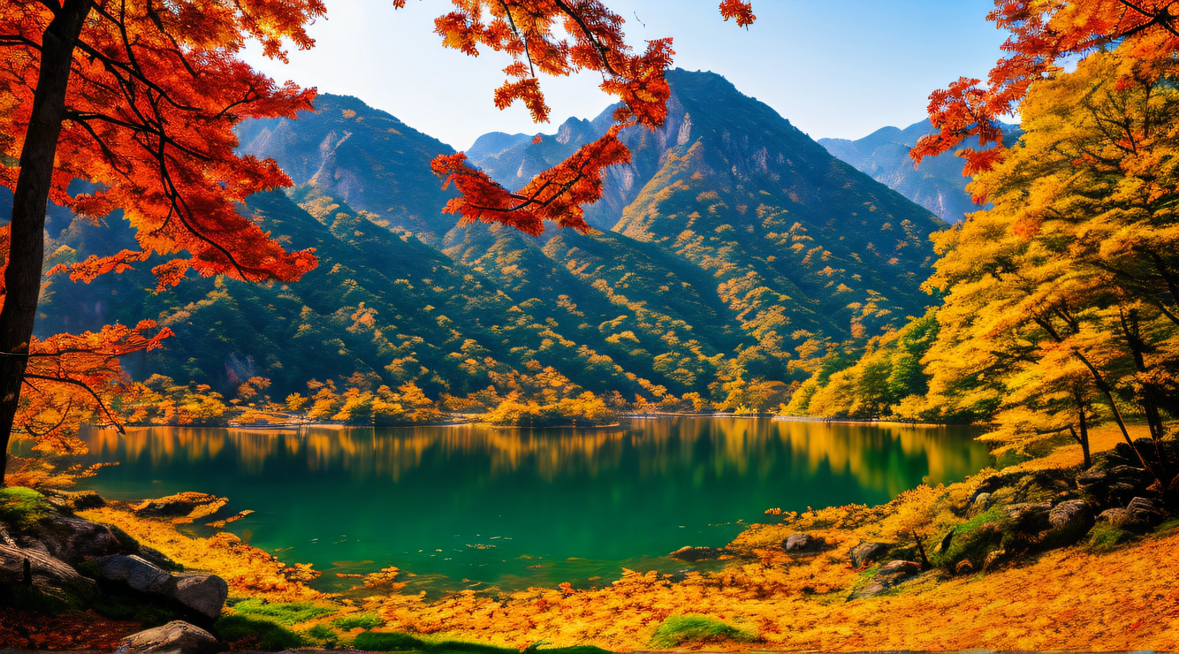 Beautiful mountains and lakes of Korea with autumn leaves, (masterpiece), (portrait), (raw photo), (highly detailed CG Unity 8k wallpaper) Intricate and clear focus, dramatic and realistic art