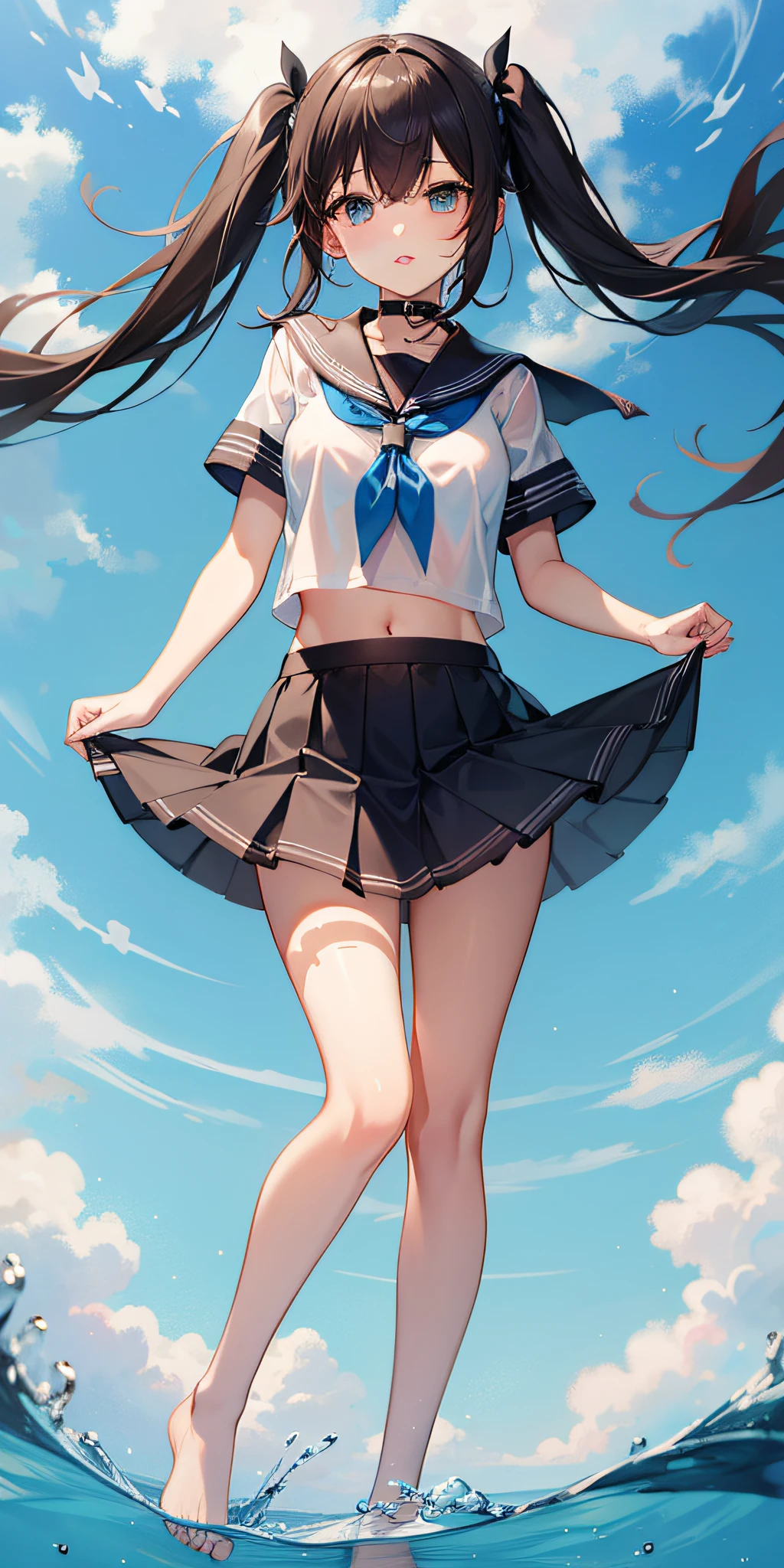 1girl,ite,lolsolo,longhair,skirt,sailorcollar,blackhair,navel,lookingatviewer,blackskirt7,miniskirt,barefoot,see-through,neckerchief,croptopoverhang,croptop,pleatedskirt,water,schooluniform,midriff,shirt,serafuku,twintails,verylonghair,fullbody,miniskirt,bareshoulders,whiteshirt,blueeyes,barelegs,thighs,breasts,blacksailorcollar,bangs,stomach,blueneckerchief,partedlips,floatinghair,standing,