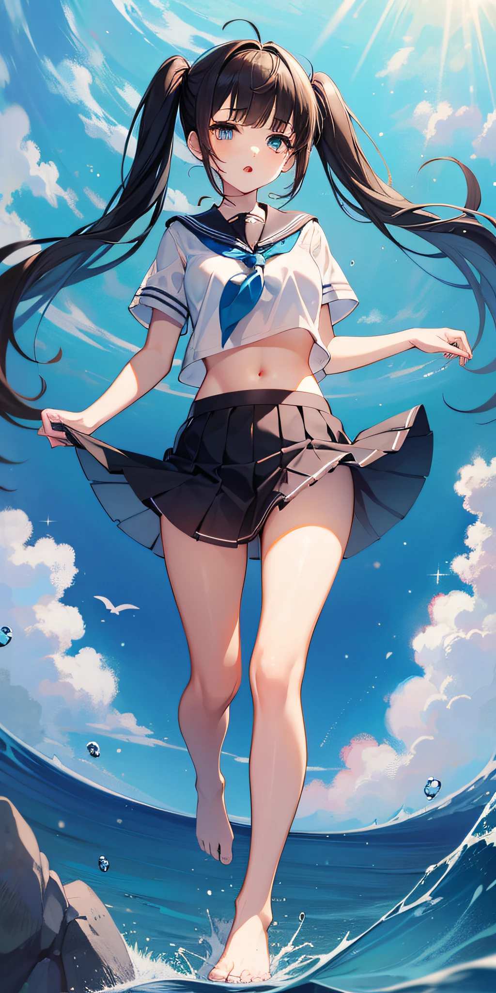 1girl,petite,loli,solo,longhair,skirt,sailorcollar,blackhair,navel,lookingatviewer,blackskirt7,miniskirt,barefoot,see-through,neckerchief,croptopoverhang,croptop,pleatedskirt,water,schooluniform,midriff,shirt,serafuku,twintails,verylonghair,fullbody,miniskirt,bareshoulders,whiteshirt,blueeyes,barelegs,thighs,breasts,blacksailorcollar,bangs,stomach,blueneckerchief,partedlips,floatinghair,standing,