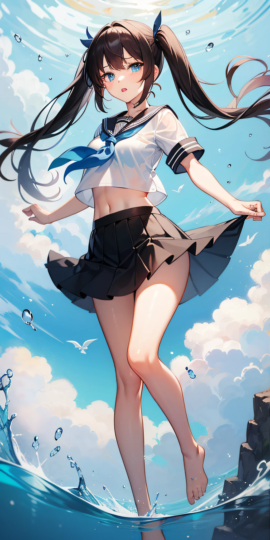 1girl,petite,loli,solo,longhair,skirt,sailorcollar,blackhair,navel,lookingatviewer,blackskirt7,miniskirt,barefoot,see-through,neckerchief,croptopoverhang,croptop,pleatedskirt,water,schooluniform,midriff,shirt,serafuku,twintails,verylonghair,fullbody,miniskirt,bareshoulders,whiteshirt,blueeyes,barelegs,thighs,breasts,blacksailorcollar,bangs,stomach,blueneckerchief,partedlips,floatinghair,standing,