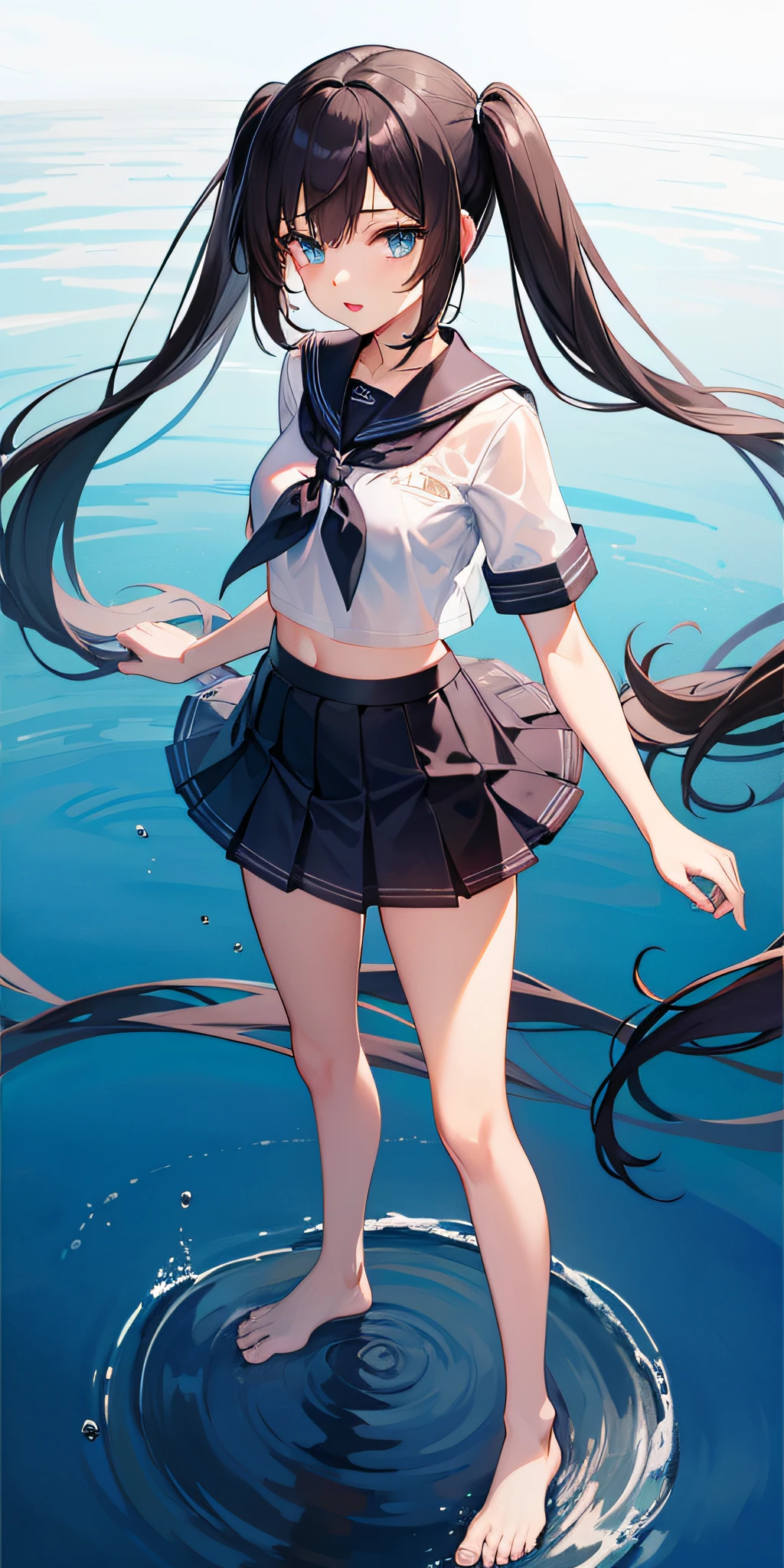 1girl,petite,****,solo,longhair,skirt,sailorcollar,blackhair,navel,lookingatviewer,blackskirt7,miniskirt,barefoot,see-through,neckerchief,croptopoverhang,croptop,pleatedskirt,water,schooluniform,midriff,shirt,serafuku,twintails,verylonghair,fullbody,miniskirt,bareshoulders,whiteshirt,blueeyes,barelegs,thighs,breasts,blacksailorcollar,bangs,stomach,blueneckerchief,partedlips,floatinghair,standing,