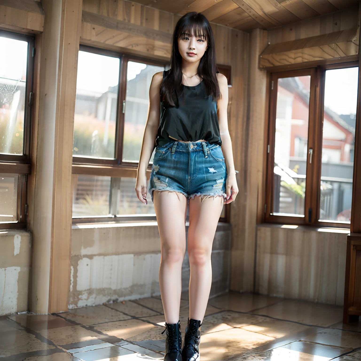 Girl in tank top, full body, makeup, sun rays