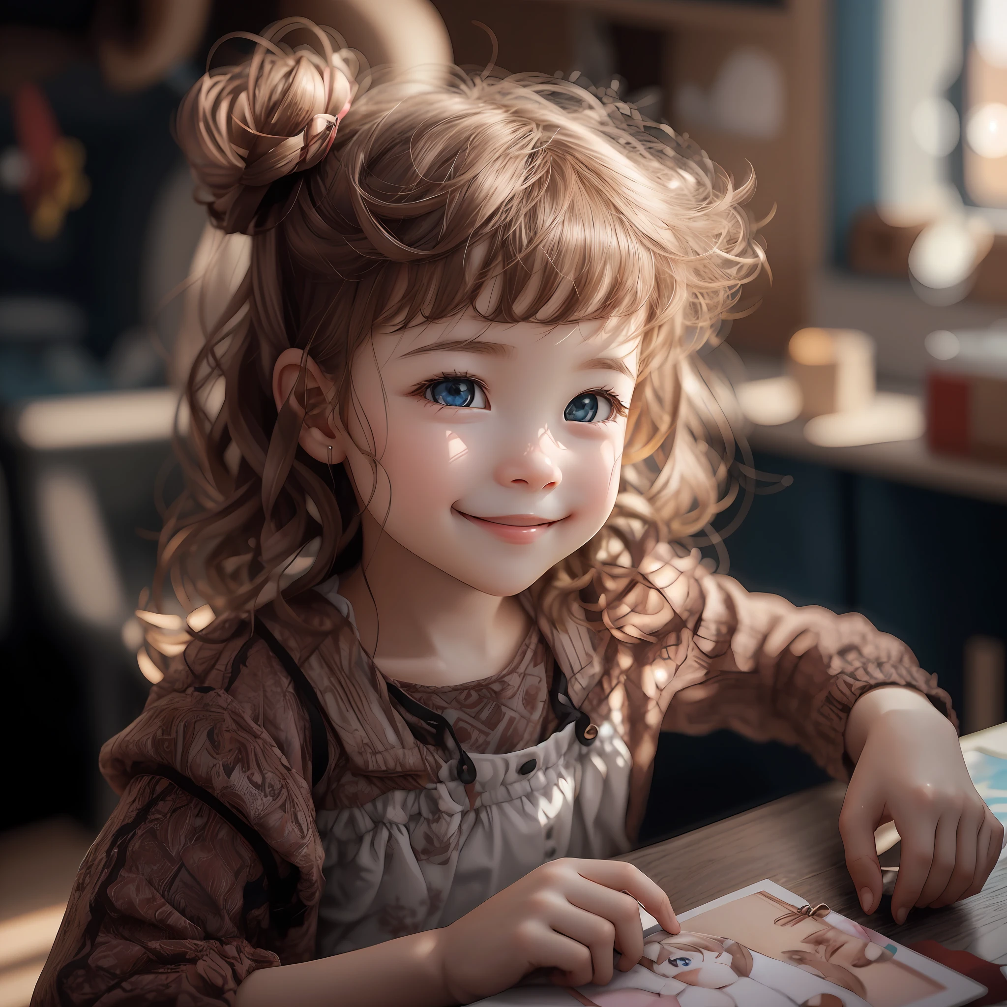 Best quality, foreign girl, blue eyes, brown curls, baby fe, cute, c4d,