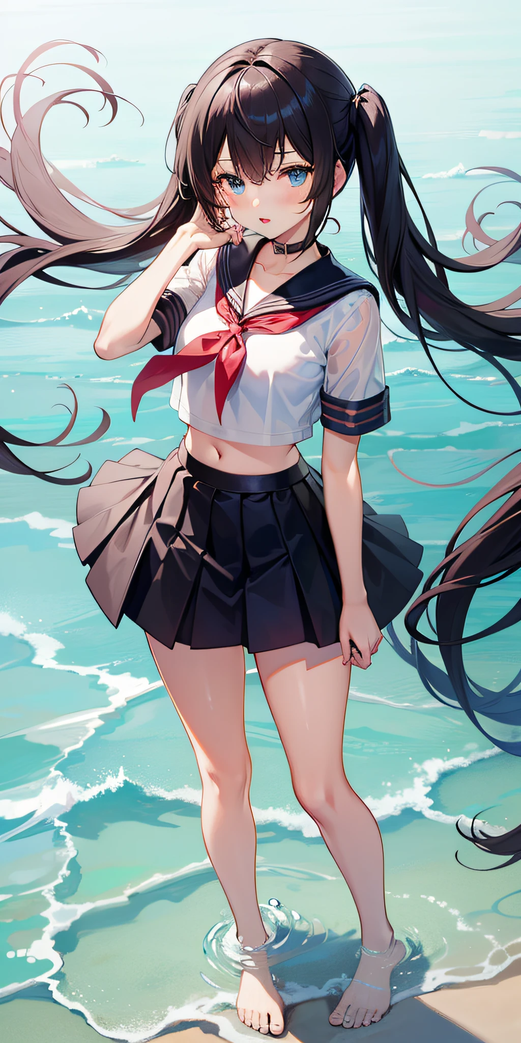 1girl,petite,loli,solo,longhair,skirt,sailorcollar,blackhair,navel,lookingatviewer,blackskirt7,miniskirt,barefoot,see-through,neckerchief,croptopoverhang,croptop,pleatedskirt,water,schooluniform,midriff,shirt,serafuku,twintails,verylonghair,fullbody,miniskirt,bareshoulders,whiteshirt,blueeyes,barelegs,thighs,breasts,blacksailorcollar,bangs,stomach,blueneckerchief,partedlips,floatinghair,standing,