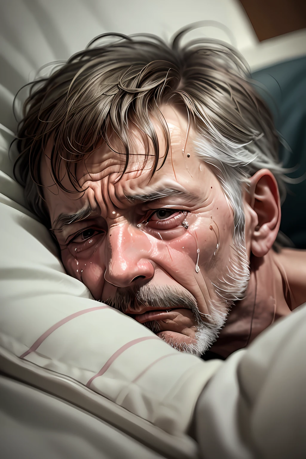 A 60-year-old man lying on a bed crying, tears streaming down his face.
