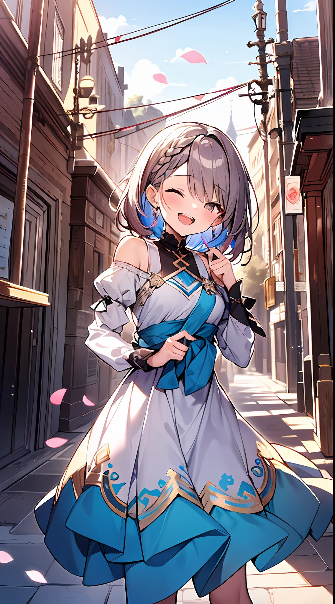 (incredibly absurdres absolutely resolution: 1.5), highest quality, masterpiece, ultra high resolution, 8k, (multiple girls), (gorgeous dresses with many gorgeous and colorful decorations) BREAK shoujo manga style, (loli), soft line drawing, digital enhancement, shojo manga touch, environmental change scenes, shojo manga core, ( Hair length to the shoulders))), (((short braid))), laughing with open mouth, closing eyes, ancient city of the West, angle from which the whole body is visible, entangle, beautiful and aesthetic: 1.5, High quality: 1.3