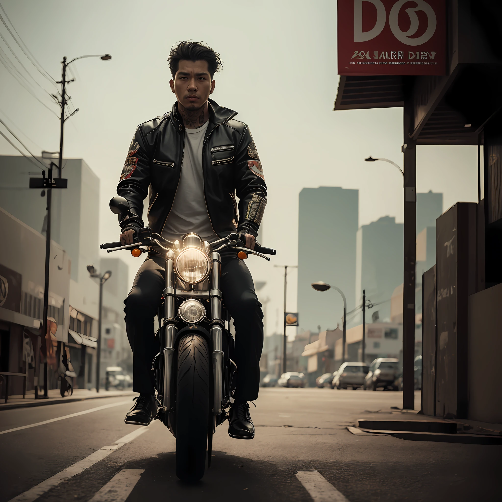 Masterpiece, (ultra-detailed), (anthropomorphism), samurai theme, jaguar, jacket, riding motorcycle in low light, tattoos, machine gun, smoke, shadows, corrupted cityscape, maximum quality, solo focus, (little: 1.04), muscular man, full body, intricate., by lee jeffries nikon d850 film photography 4 kodak portra 400 camera lens f1.6 rich colors hyper realistic texture dramatic lighting unreal engine trend in artstation cinestill 800 (vignette:  1.3)filmgrain --auto