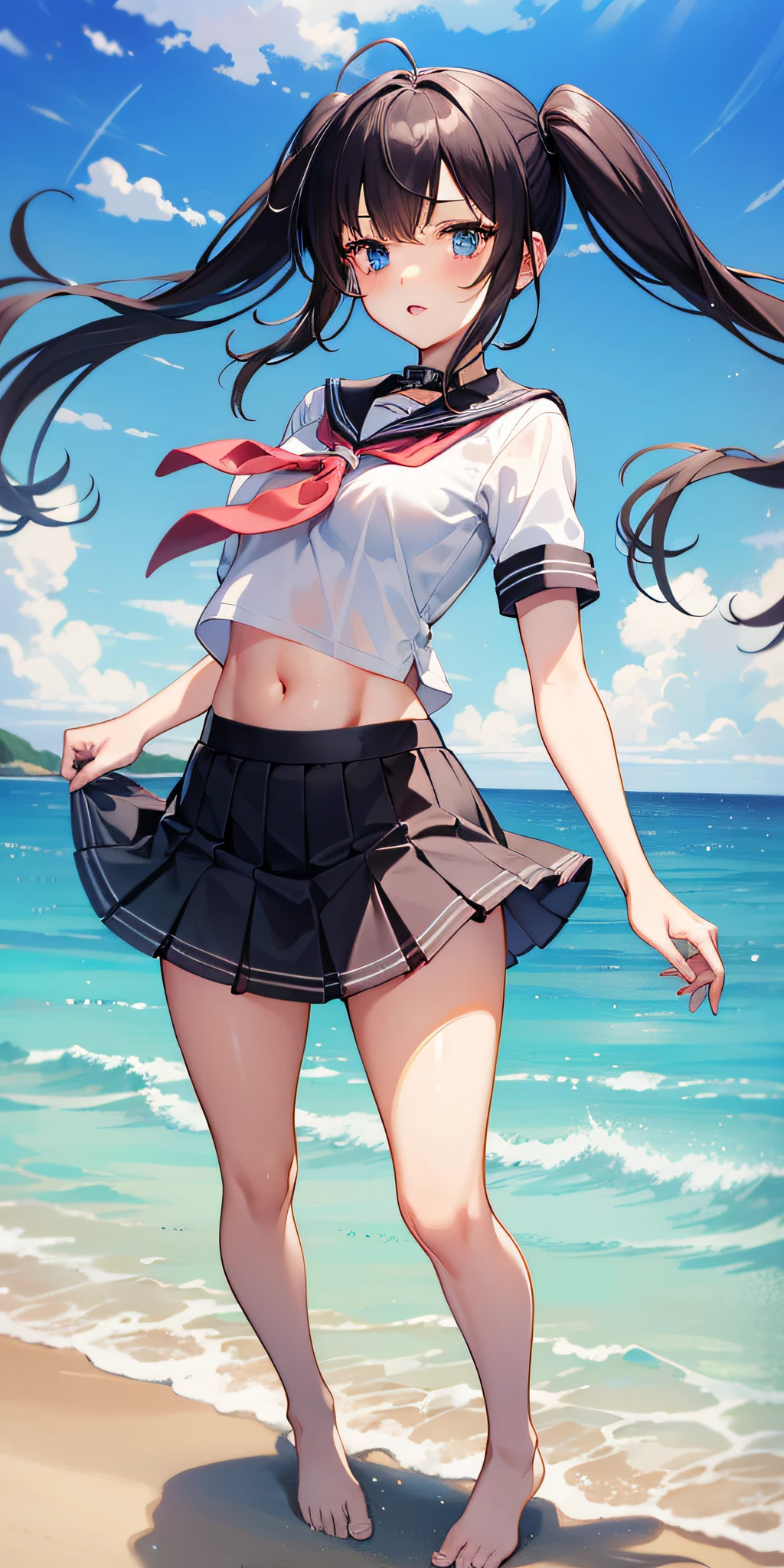 1girl,petite,****,solo,longhair,skirt,sailorcollar,blackhair,navel,lookingatviewer,blackskirt7,miniskirt,barefoot,see-through,neckerchief,croptopoverhang,croptop,pleatedskirt,water,schooluniform,midriff,shirt,serafuku,twintails,verylonghair,fullbody,miniskirt,bareshoulders,whiteshirt,blueeyes,barelegs,thighs,breasts,blacksailorcollar,bangs,stomach,blueneckerchief,partedlips,floatinghair,standing,