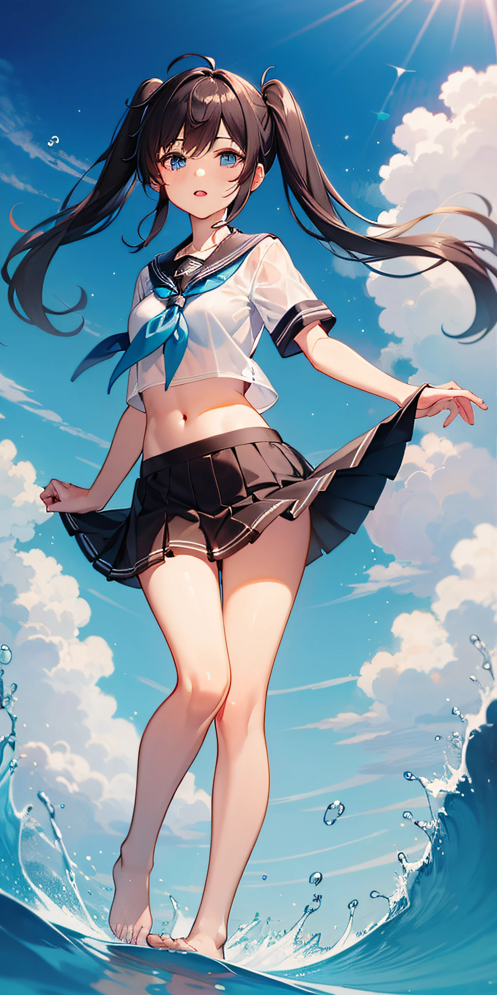 1girl,petite,****,solo,longhair,skirt,sailorcollar,blackhair,navel,lookingatviewer,blackskirt7,miniskirt,barefoot,see-through,neckerchief,croptopoverhang,croptop,pleatedskirt,water,schooluniform,midriff,shirt,serafuku,twintails,verylonghair,fullbody,miniskirt,bareshoulders,whiteshirt,blueeyes,barelegs,thighs,breasts,blacksailorcollar,bangs,stomach,blueneckerchief,partedlips,floatinghair,standing,