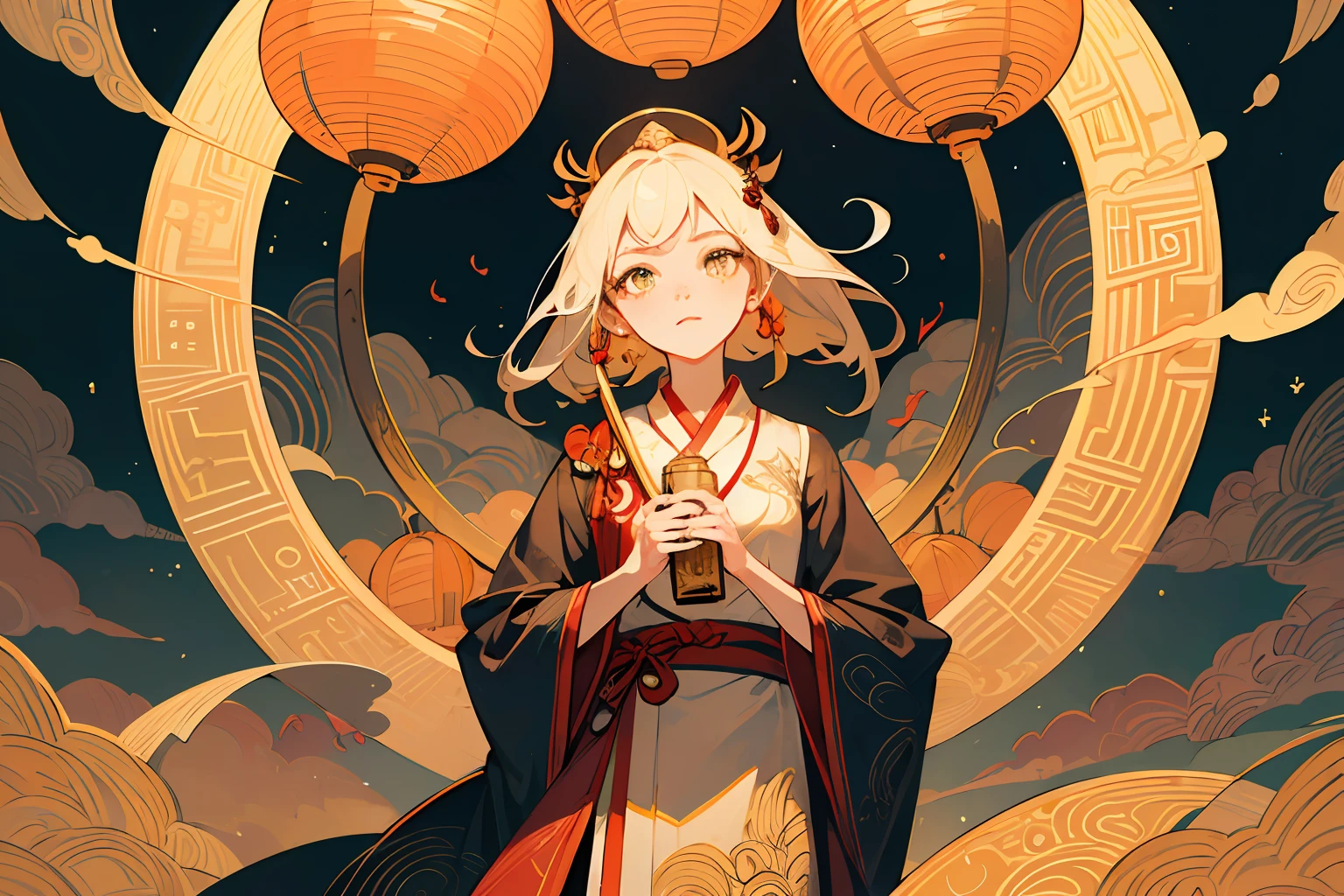 ((Masterpiece)), ((Super detailed)), ((Best Quality)), Beautiful and detailed eyes, Detailed face, Best lighting, Best shadow, Ancient Chinese girl dressed in Hanfu,rhythm,R&F pattern, ((Classic Disney style, edge lighting, flat 2D style, Disney 2D)), ((The main colors are yellow and red)), Huge ingot, (Girl inside the ingot:1.5), Gold Coin Island, Lantern Paradise, orange lantern, world made of lanterns, traditional ancient architecture, freckles, Cold nose, Paper fan, Commercial illustration, (highly detailed), Whirlpool effect,