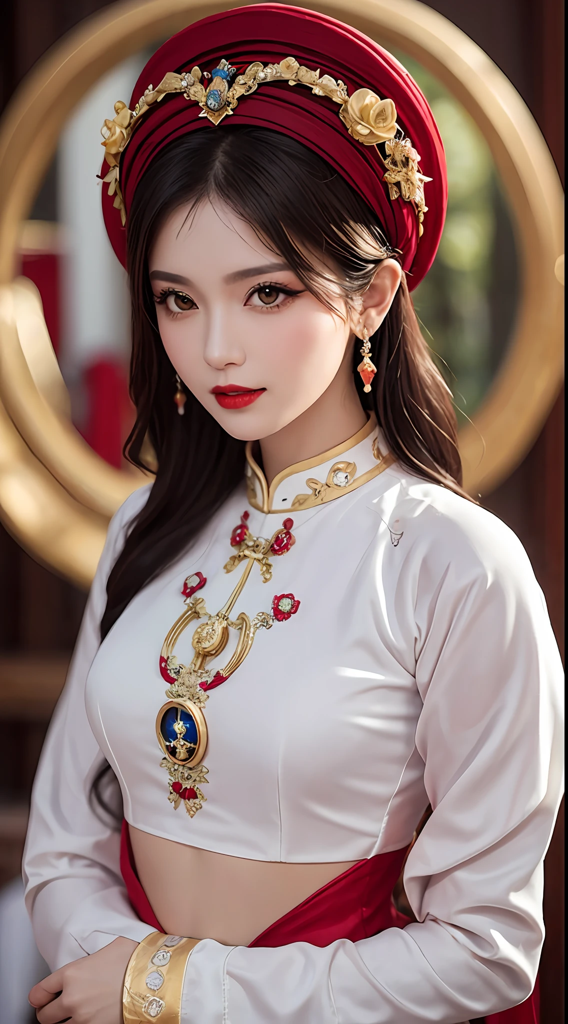 1 27-year-old solo girl, 1 zodiac goddess from the future, goddess wearing a bridal dress, 12 pink and purple zodiac signs, goddess wearing white silk shirt and pants with red and yellow color combination, tight ao dai white and red, ao dai with thin fabric, wearing a long-sleeved shirt that covers the hands, myths of 12 zodiac signs from the future, zodiac signs, design of 12 sparkling zodiac signs, luxurious and mysterious dark version, turban with many intricate patterns, ( wear 1 bridal turban on the head of the goddess 12 zodiac: 1.8 ) ,1 compact bridal turban for women, ((1 bridal turban designed proportionally meticulous and detailed: 1.8)), red lips, thin and beautiful lips, charming smile, fine details, detailed background, super detailed, magic light, beautiful lighting effects, clear face , long flat hair, beautiful face, meticulous and balanced, (transparent yellow eyes: 1.8), big round eyes and very beautiful and meticulous makeup, visionary, wearing long clothes silk, mysterious makeup, next to bangs and dyed light blonde, big, regular breasts, blums boods, flat stomach, perfect body curves, top half portrait, goddess of the zodiac , arms hanging, Realistic and alive, (the stars that make up the zodiac: 1.7), (the sky) of the bad zodiac signs texture: 1.8), fictional photo , RAW image, shirt photo Vietnam length, best photo, 8k, best quality 8k photo, surreal, most realistic,