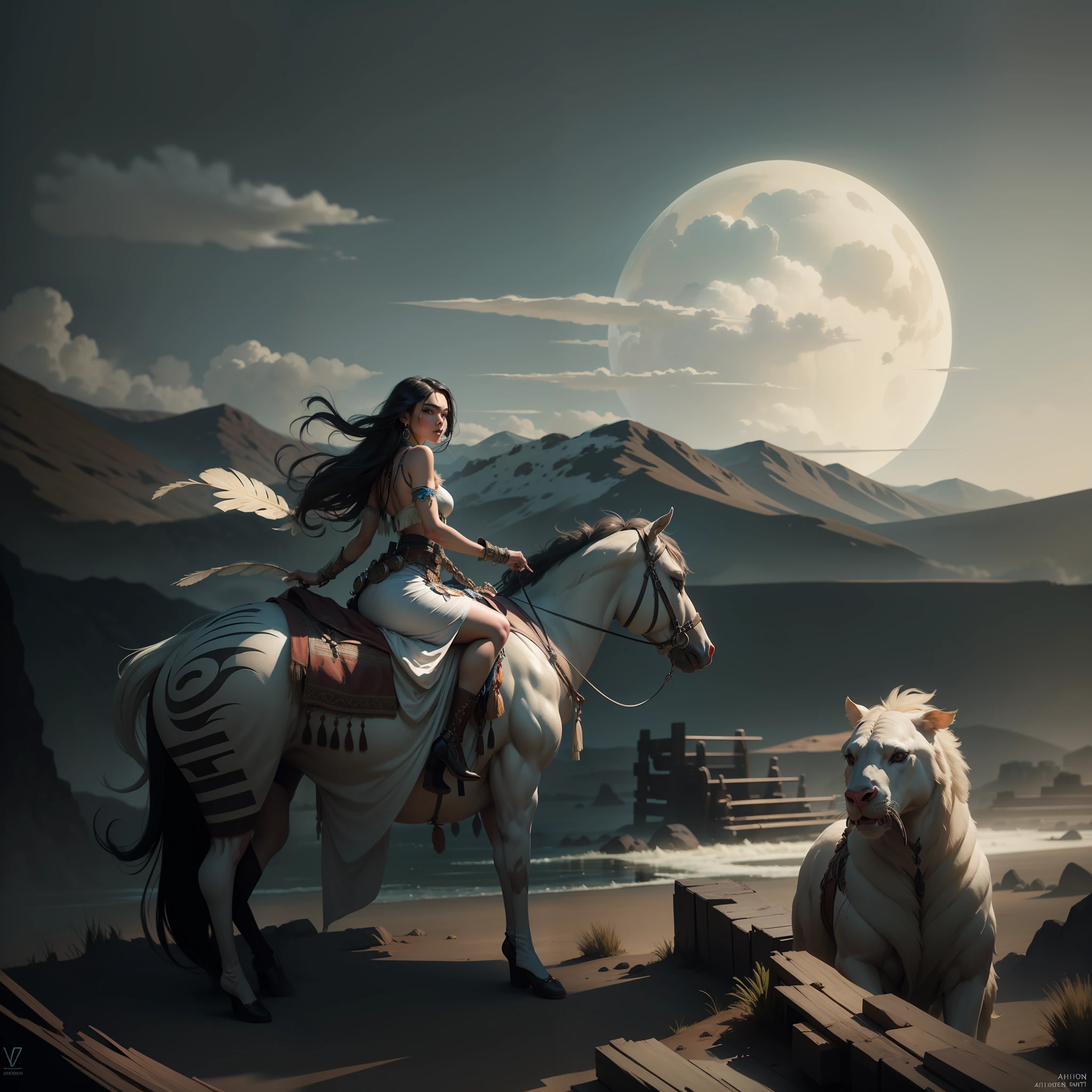portrait photograph of Madison Beer as Pocahontas, young beautiful native american woman, perfect symmetrical face, indigenes feather jewelry, traditional handmade dress, armed female hunter warrior, (((wild west))) environment, Utah landscape, ultra realistic, concept art, elegant, ((intricate)), ((highly detailed)), depth of field, ((professionally color graded)), soft ambient lighting, dusk, 8k, art by artgerm and greg rutkowski and alphonse mucha --auto --v 6 --s2
