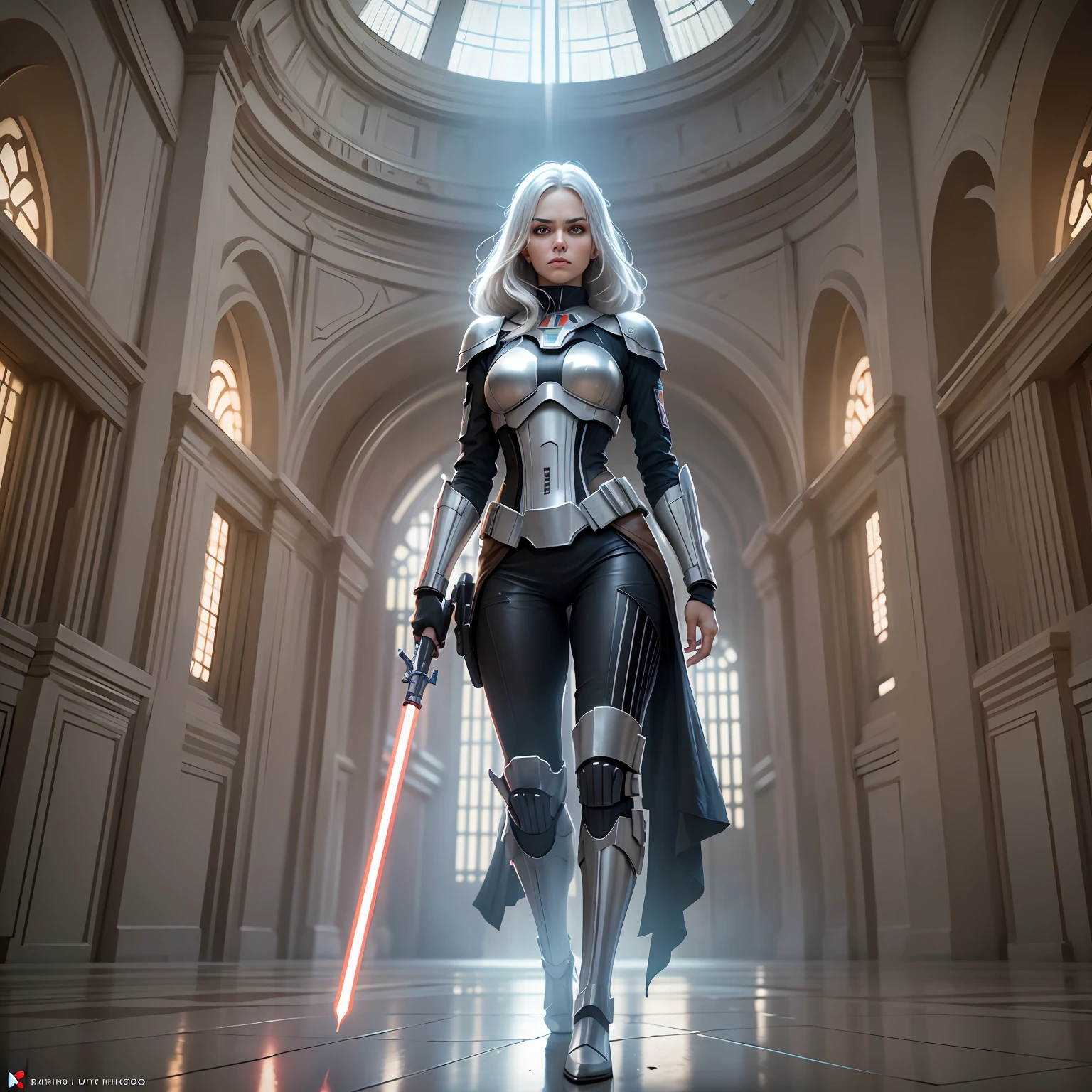 Blue lightsaber in hand, short hair, serious face, combat attire, white hair, yellow eyes, white armor, android, human appearance, adult woman --auto