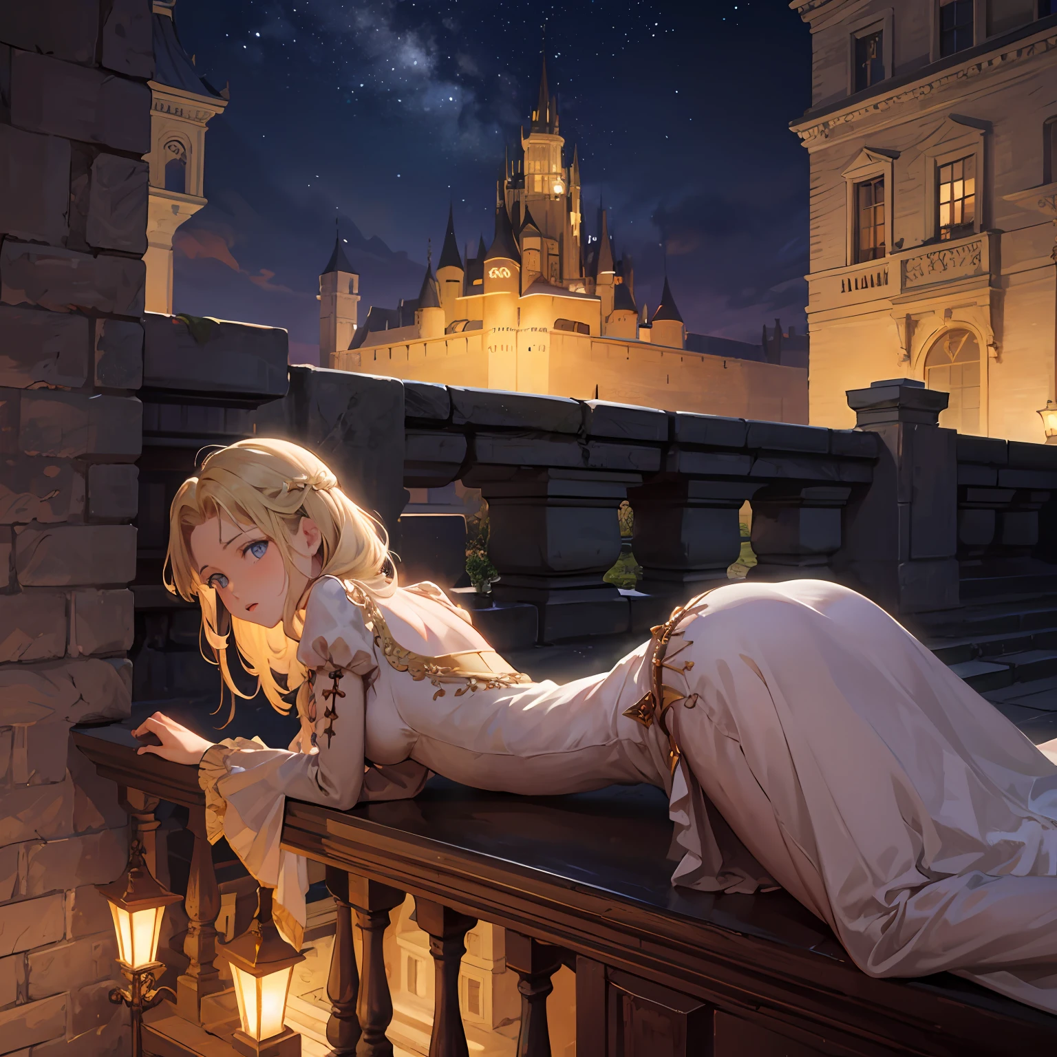 At night, the castle, lying on the high railing, the princess, bent over, leaning forward