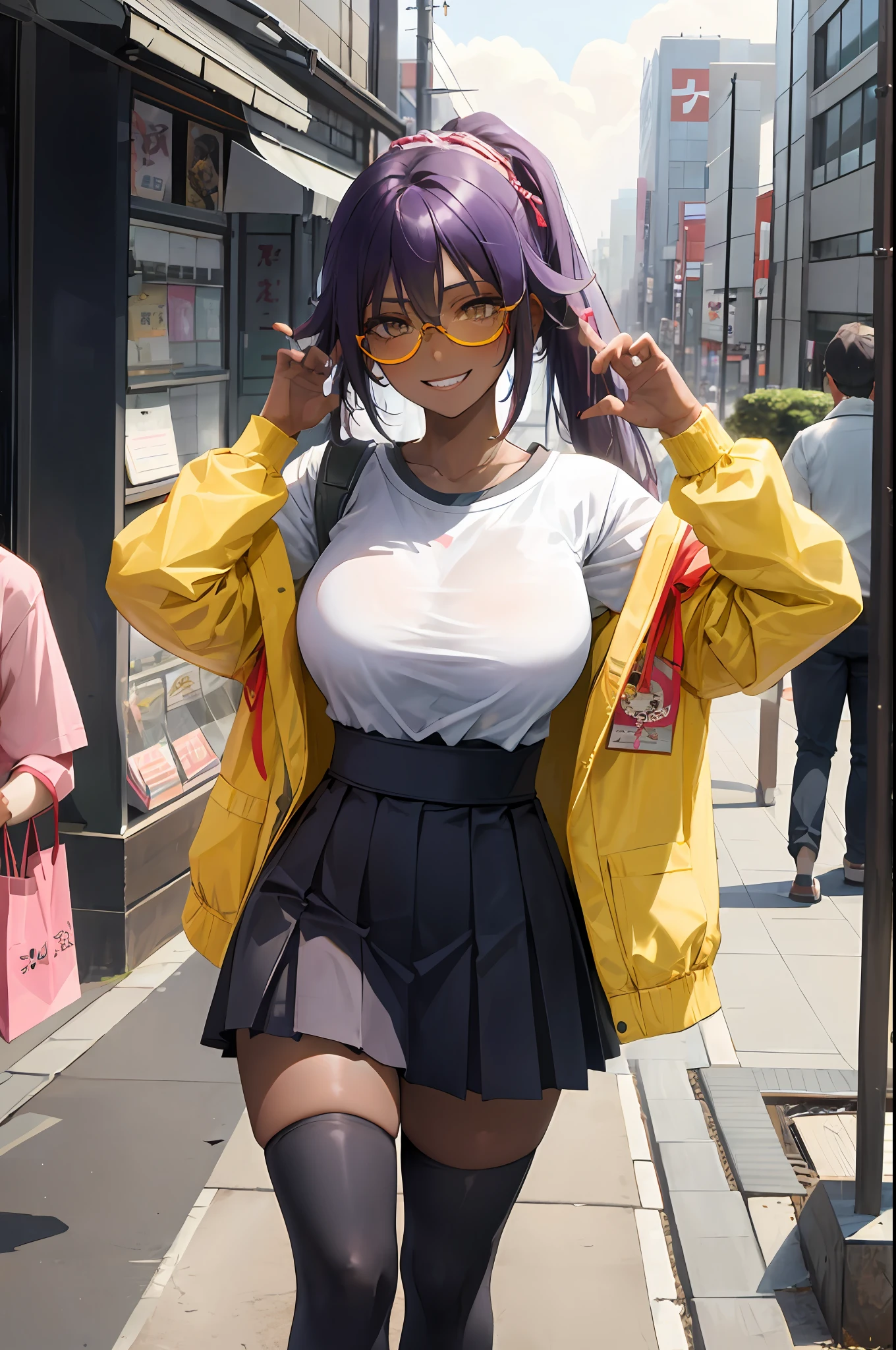 Yoruichi shihouin, dark skin, 1girl, solo, hip hop shirt, jacket, cool glasses, oversized t shirt, black thighhighs, breasts, cleveage, pleated skirt, hair between eyes, large breasts, long hair, looking at viewer, purple hair, pony tail, solo, thighhighs, thighs, long hair, ((masterpiece)), tokyo city, japanese store, japan road, tokyo tower, standing, sexy pose, blush, shy, smile, show teeth, detailed hand, beautifull finger,