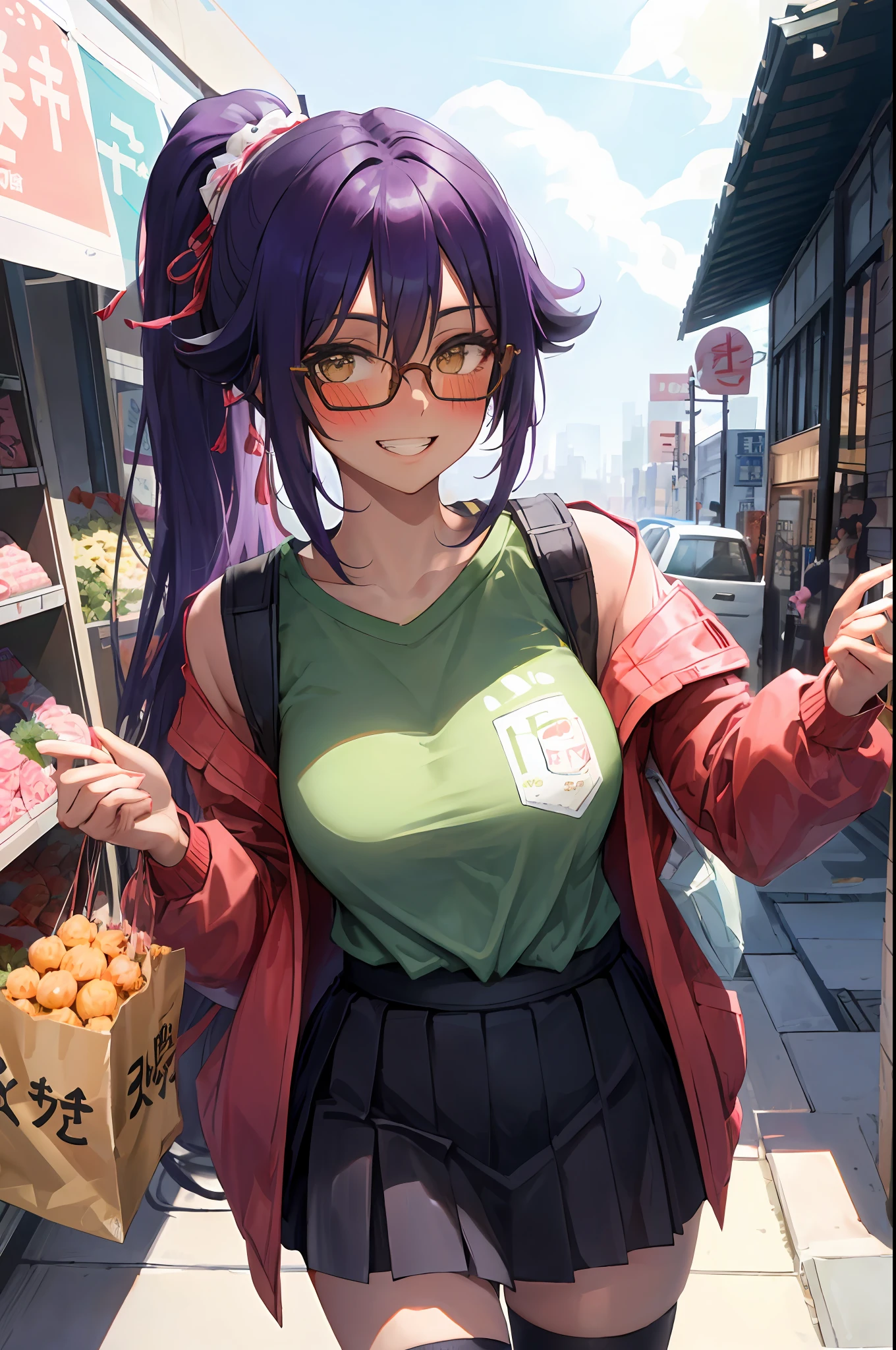 Yoruichi shihouin, dark skin, 1girl, solo, hip hop shirt, jacket, cool glasses, oversized t shirt, black thighhighs, breasts, cleveage, pleated skirt, hair between eyes, large breasts, long hair, looking at viewer, purple hair, pony tail, solo, thighhighs, thighs, long hair, ((masterpiece)), tokyo city, japanese store, japan road, tokyo tower, standing, sexy pose, blush, shy, smile, show teeth, detailed hand, beautifull finger,