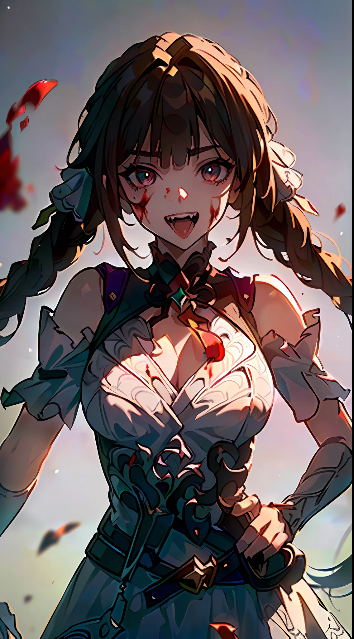 (Masterpiece: 1.2), Best Quality, (Illustration: 1.2), Eye Focus, (Ultra Detailed), Ultra Detail, (Fine Detail), (Intricate Detail), (Cinematic Light, Best Quality Backlight), Clear Lines, Solo Female, Solo Female, Perfect Figure, (1 Girl), High Contrast, (Best Lighting, Extremely Delicate and Beautiful), ((Cinematic Light)), Ferocious, Powerful, Blood Splattered, Absolutely Striking, Dynamic Angle, Gorgeous Background, Blood Splatter, Sharp Teeth, Open Mouth, mischievous smile, scary, close-up, black light swirling around the character, depth of field, close-up of a long-haired character. A sticky tongue sticks out of the mouth. The overall image has a jagged edge effect, adding a special visual effect. Girl, a 1 girl, alone, long hair, ???????????, short sleeves, dress, ???? shoulders, braids, porcelain clothes