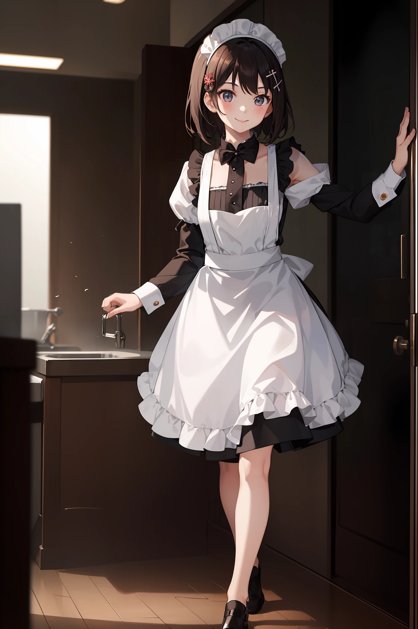 1 girl, smiling, skirt, (small) chillerism, dress, apron,,,,,,、 maid,,,,,,,,、 hair ornament, running briskly,