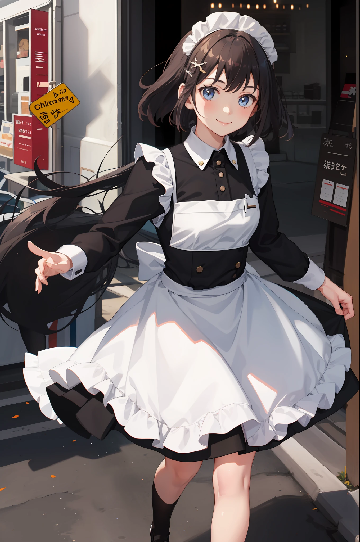 1 girl, smiling, skirt, (small) chillerism, dress, apron,,,,,,、 maid,,,,,,,,、 hair ornament, running briskly,