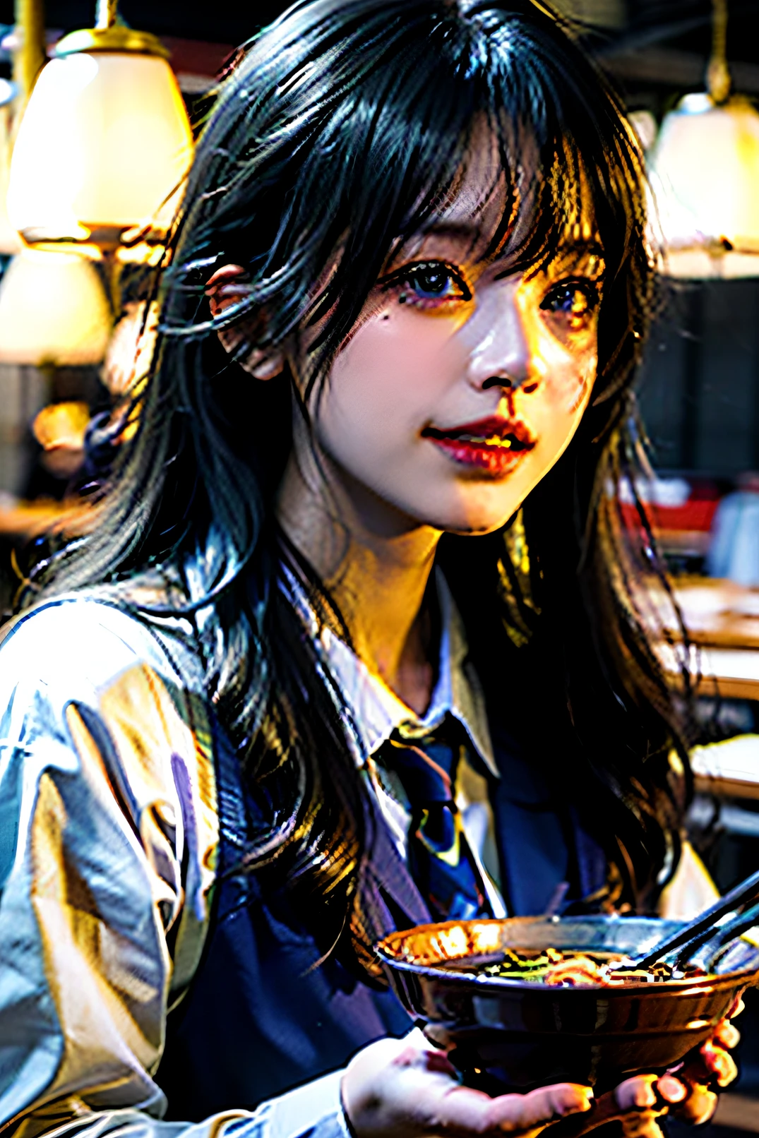 (masterpiece), best quality, ultra high res, close up, slim body, 1girl,school uniform, long hair, laughing, ramen, night, Tokyo restaurant background, colorful lights, photon mapping, radiosity, physically-based rendering, cinematic lighting, intricate, High Detail, Sharp focus, dramatic, photorealistic