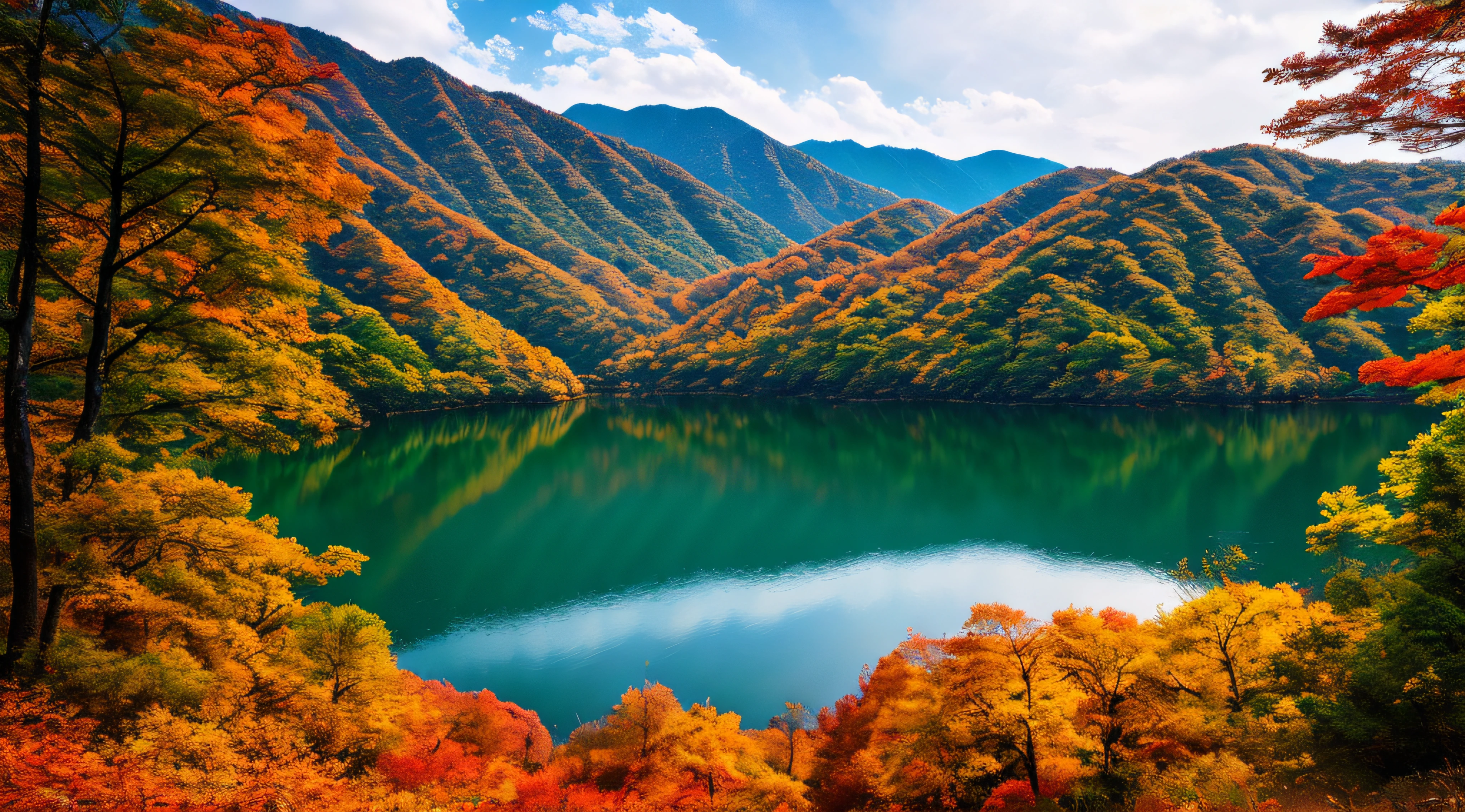 Beautiful mountains and lakes of Korea with autumn leaves, (masterpiece), (portrait), (raw photo), (highly detailed CG Unity 8k wallpaper) Intricate and clear focus, dramatic and realistic art