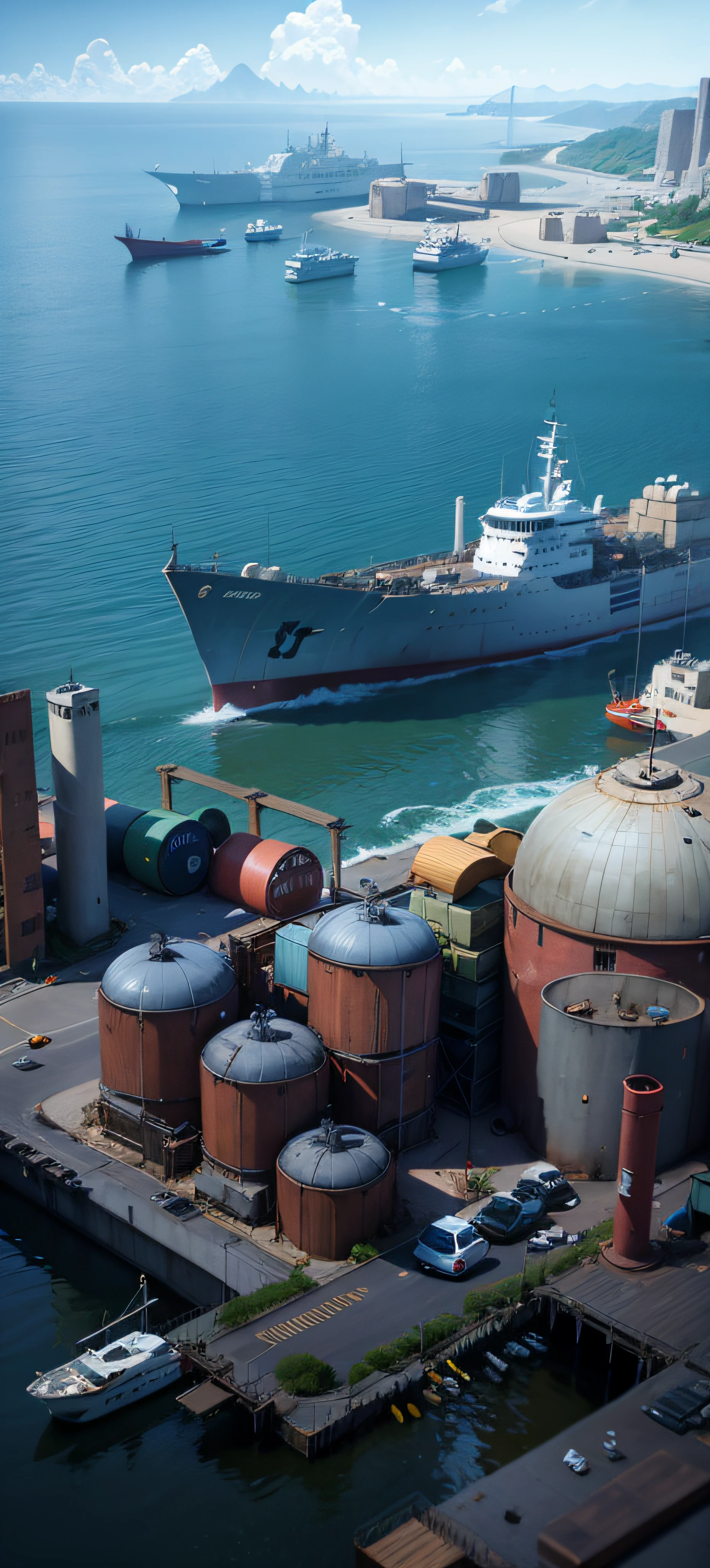 there is a large ship that is docked in the water, in a sci-fi shipping port, utilitarian cargo ship, highly realistic concept art, highly detailed scene, shipping docks, octane render. by makoto shinkai, port scene background, cg art, a hyper realistic, realistic warship design, semi - realistic render, octane highly detailed cinematic