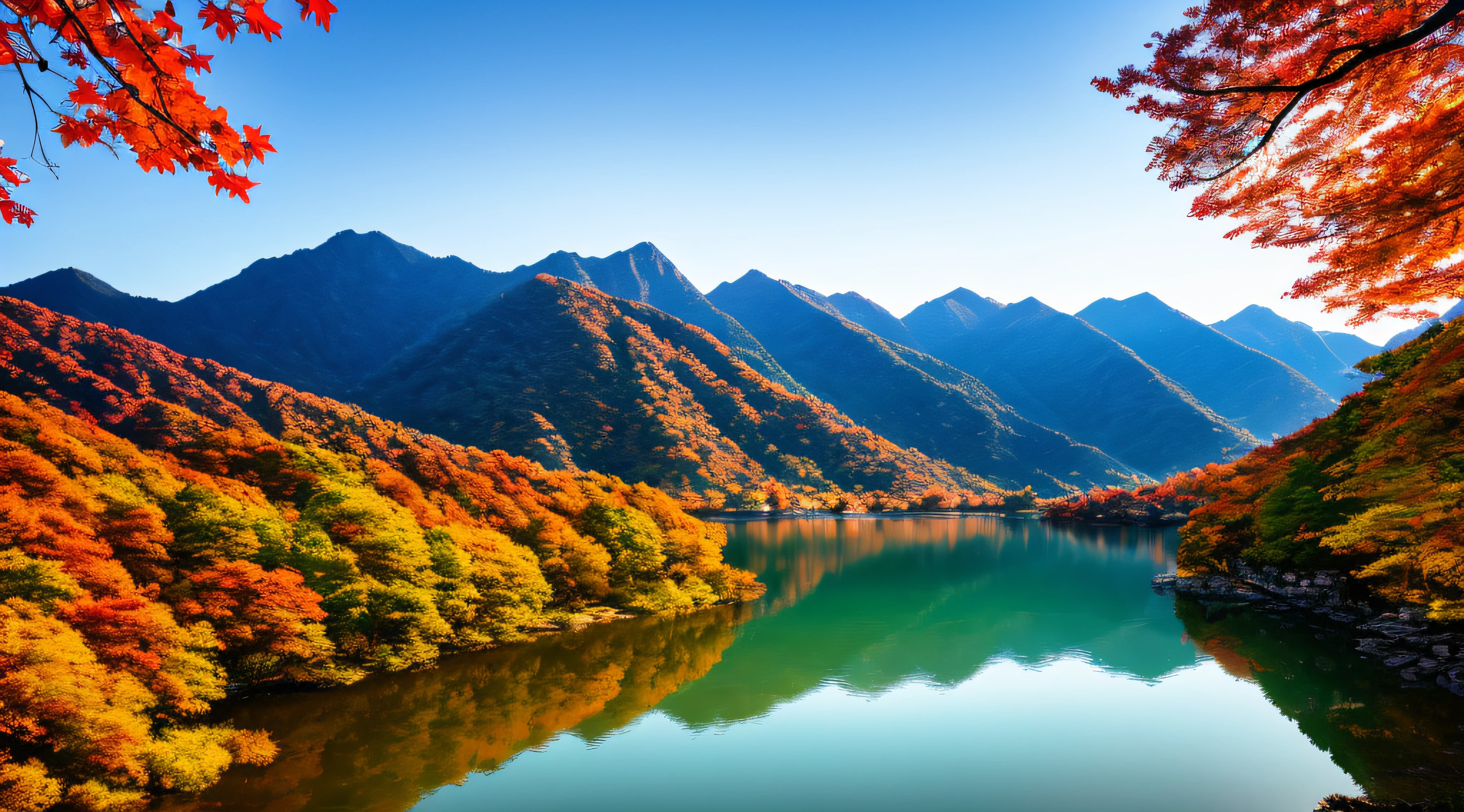 Beautiful mountains and lakes of Korea with autumn leaves, (masterpiece), (portrait), (raw photo), (highly detailed CG Unity 8k wallpaper) Intricate and clear focus, dramatic and realistic art