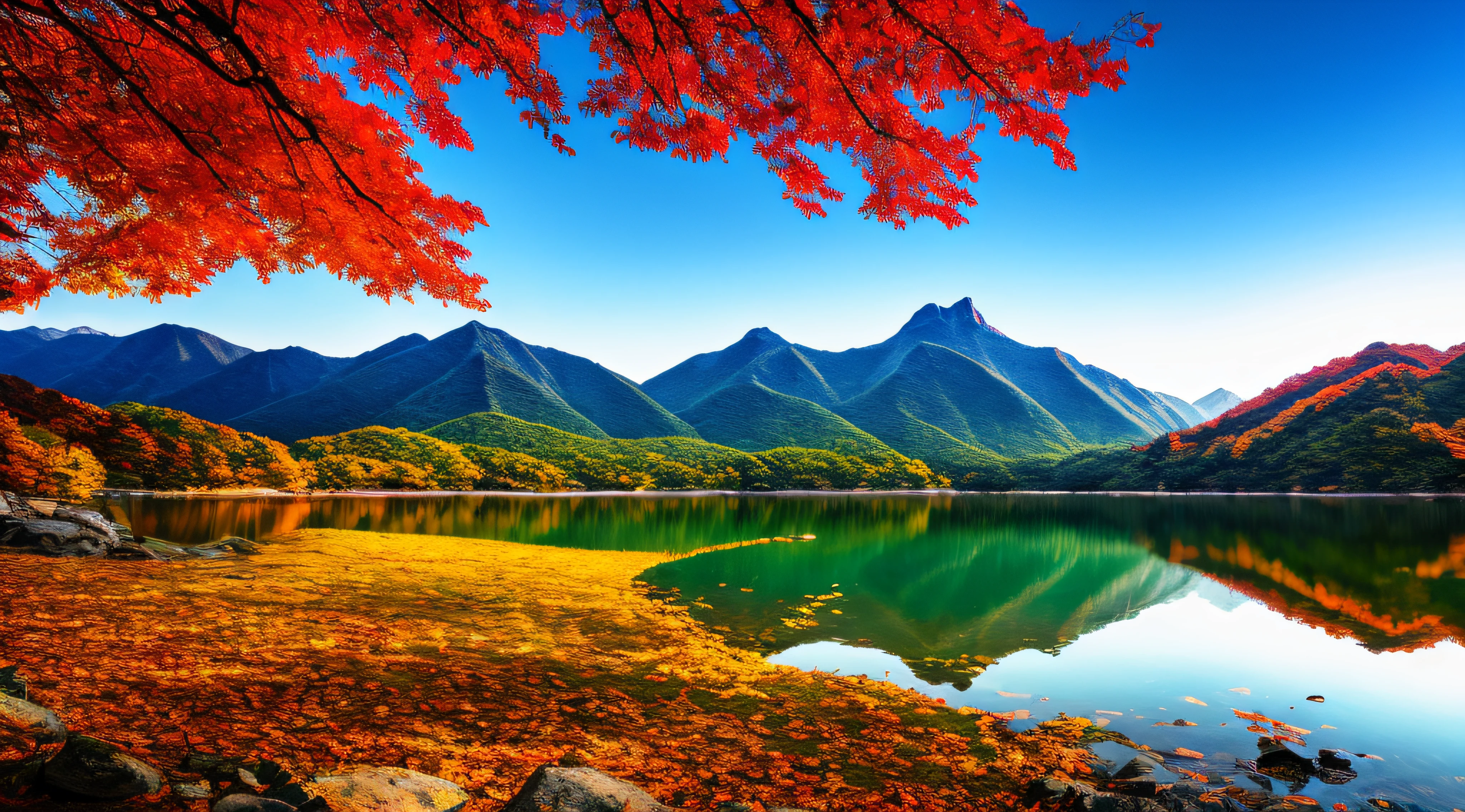 Beautiful mountains and lakes of Korea with autumn leaves, (masterpiece), (portrait), (raw photo), (highly detailed CG Unity 8k wallpaper) Intricate and clear focus, dramatic and realistic art