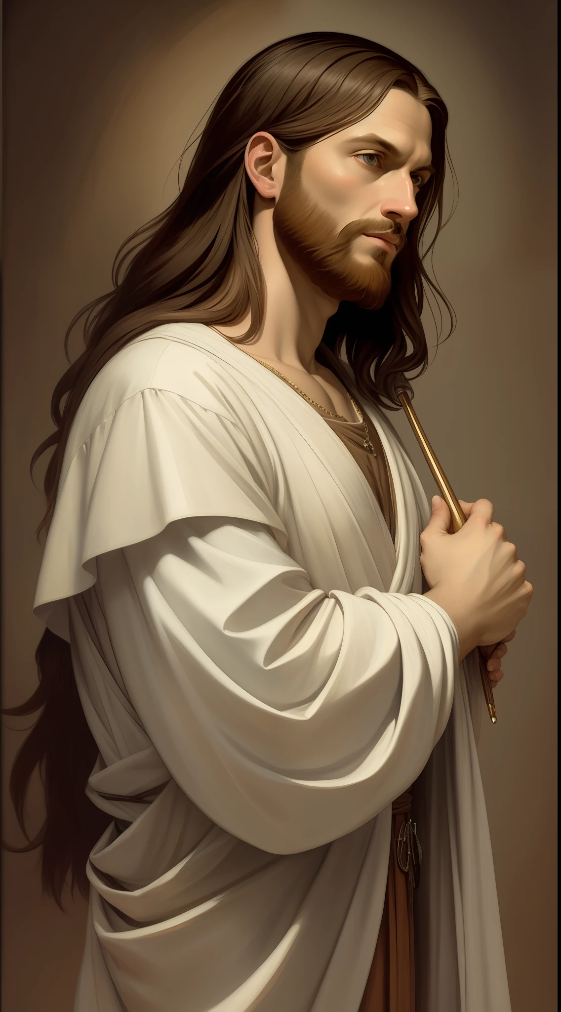 A beautiful ultra-thin realistic portrait of Jesus, the prophet, a 33-year-old Hebrew man, long brown hair, long brown beard, wearing white tunic, in front view, full body, biblical, realistic, in the desert intricate details, by Abbott Fuller Graves, Bartolome Esteban Murillo, J.C. Leyendecker, Craig Mullins, Peter Paul Rubens, (Caravaggio), Trend in Artstation, 8K, Concept Art, PhotoRealistic, Realistic, Illustration, Oil Painting, Surrealism, HyperRealistic, brush brushes, Digital art, style, watercolor