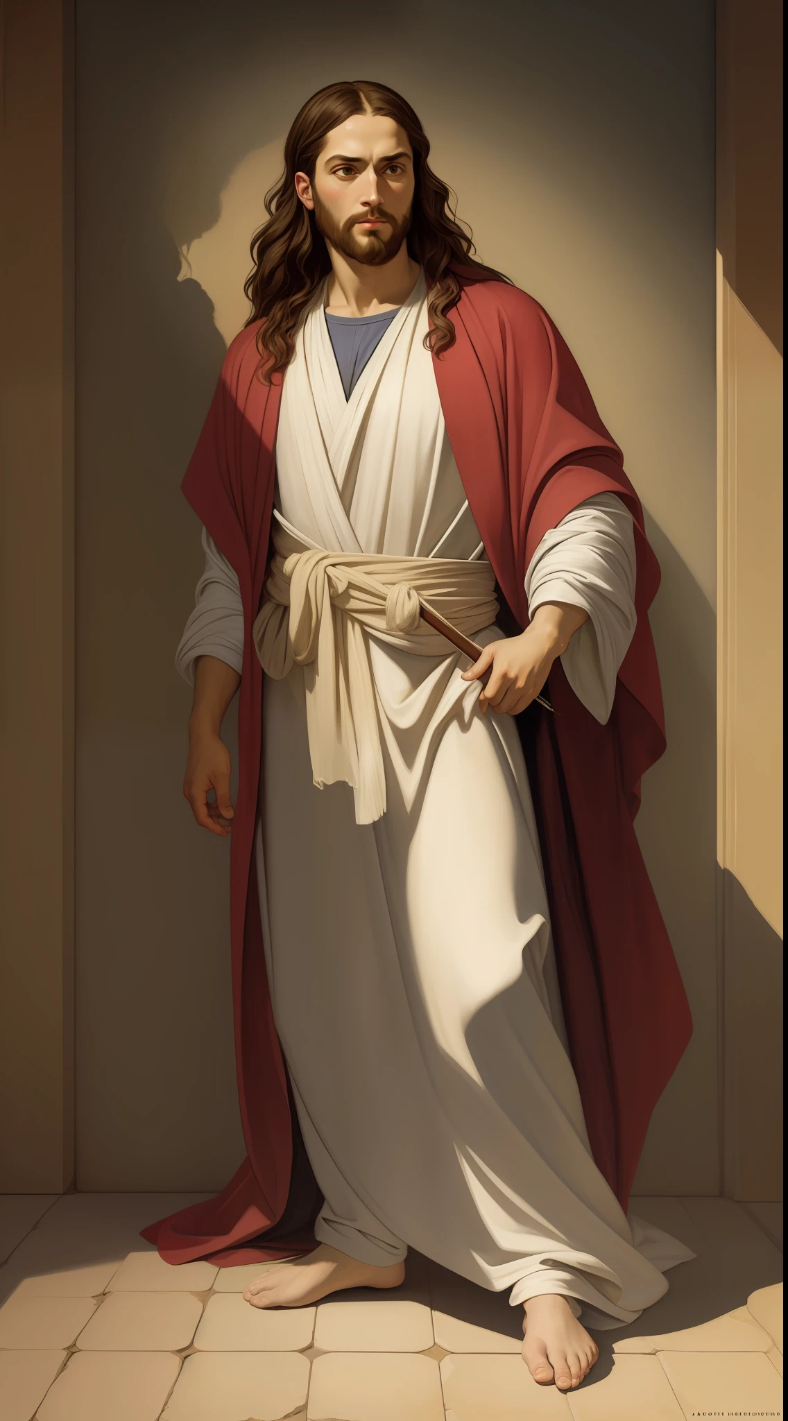 A beautiful ultra-thin realistic portrait of Jesus, the prophet, a 33-year-old Hebrew man, long brown hair, long brown beard, wearing white tunic, in front view, full body, biblical, realistic, in the desert intricate details, by Abbott Fuller Graves, Bartolome Esteban Murillo, J.C. Leyendecker, Craig Mullins, Peter Paul Rubens, (Caravaggio), Trend in Artstation, 8K, Concept Art, PhotoRealistic,  Realistic, Illustration, Oil Painting, Surrealism, HyperRealistic, brush brushes, Digital art, style, watercolor