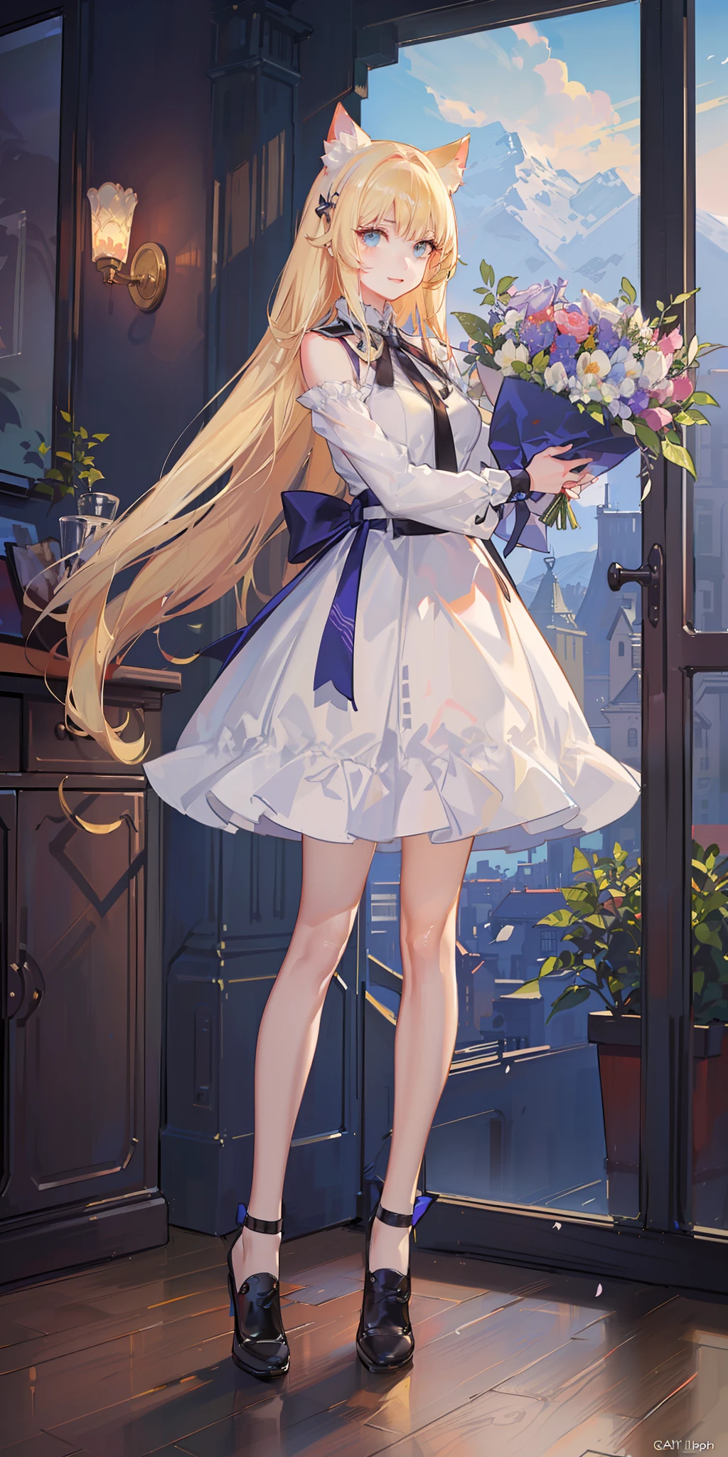 Bra, best quality, masterpiece, 8K, 1 girl, (blonde hair), (white evening dress | full body), cat ears, long hair, mountains, trees, sparrows, flowers, stand, slender legs, fine details, masterpiece, best quality, official art, extremely detailed CG uniform 8k wallpaper, absurd, feet, blue, white, day, sun, japanese clothing, letterbox, white pantyhose, delicate hands,