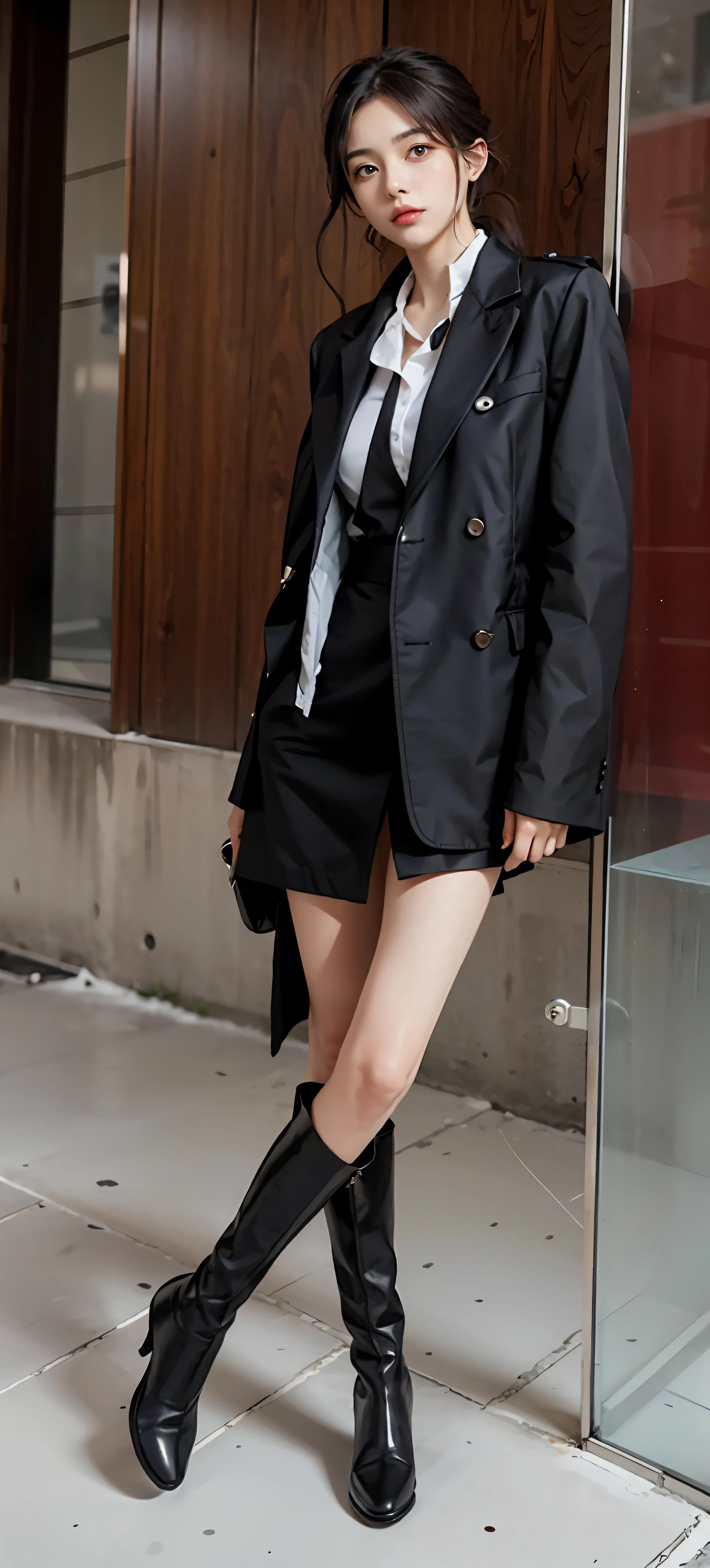 Woman in black jacket and short skirt posing in front of glass wall, short skirt and long jacket, long boots, loose coat collar sailor uniform, wearing jacket and skirt, black long jacket, long boots, suit girl, suit girl, wearing black aristocratic suit, 2 d, 2d, short coat, h 7 0 4, office clothes, wearing black coat, black coat, boots