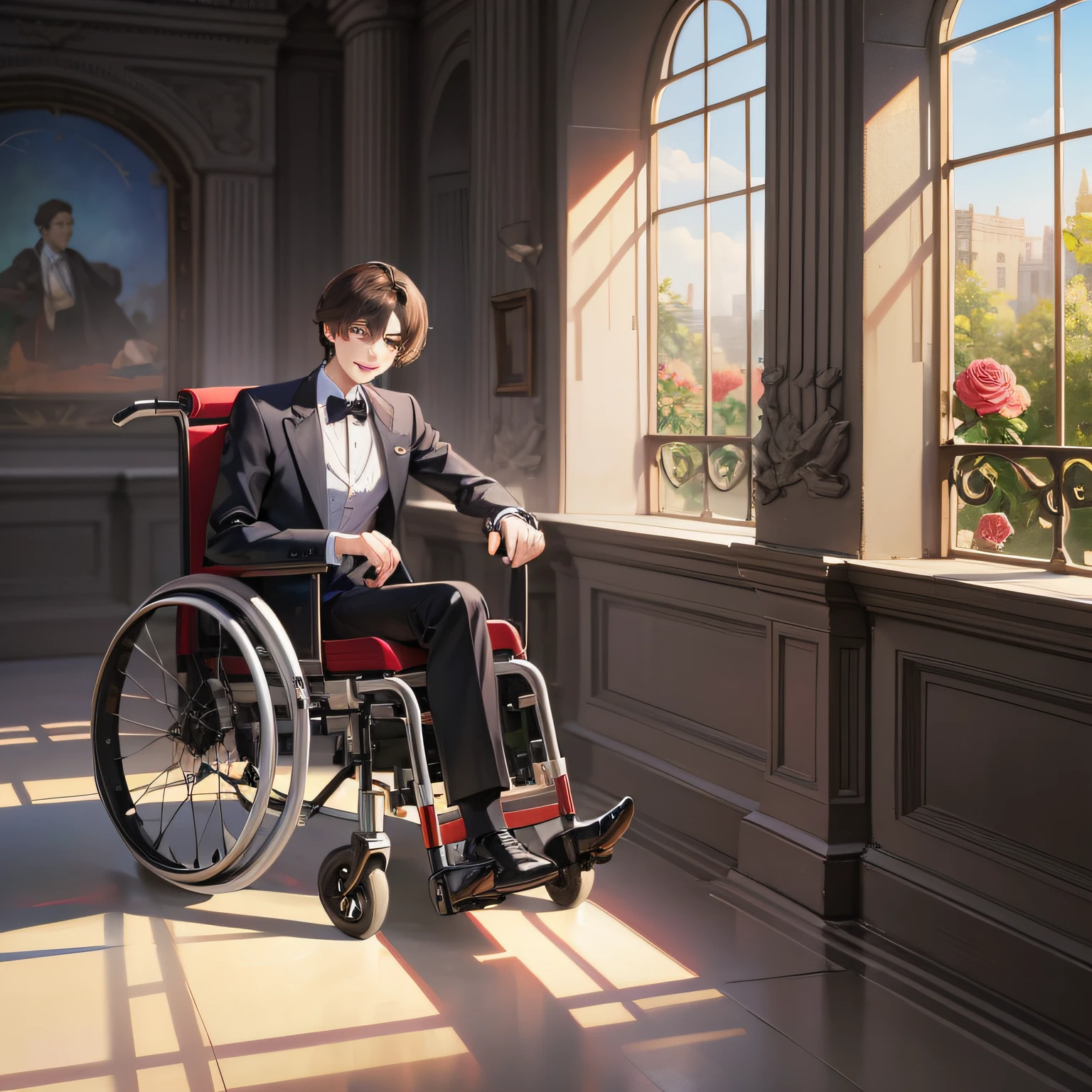 Masterpiece, best quality, ultra-detailed, 1boy, wheelchair solo, castle, handsome, smile, royal suit, rose in right hand